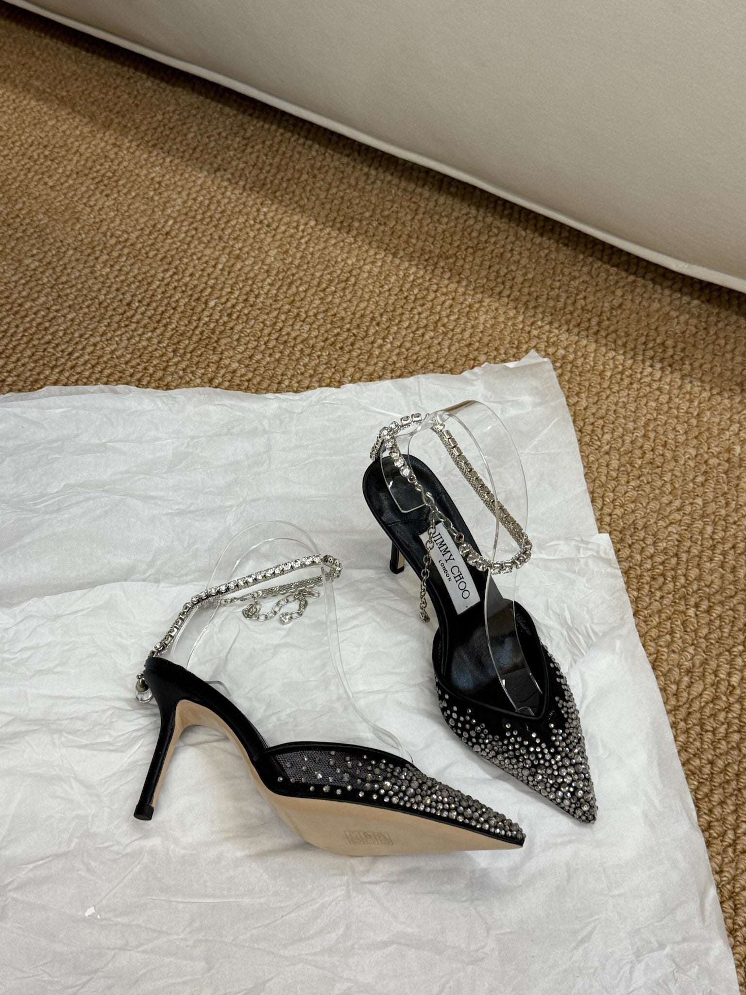 Jimmy Crystal-embellished Saeda Pumps 100mm Black Mesh Drill 420169