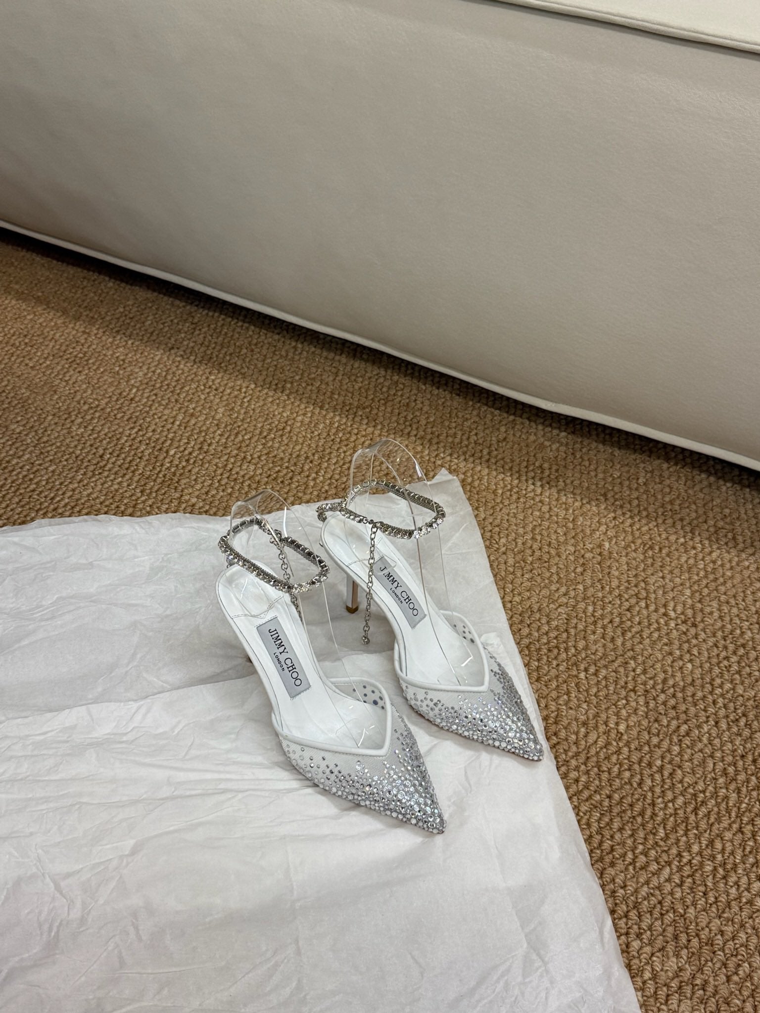 Jimmy Crystal-embellished Saeda Pumps 100mm White Mesh Drill 420170