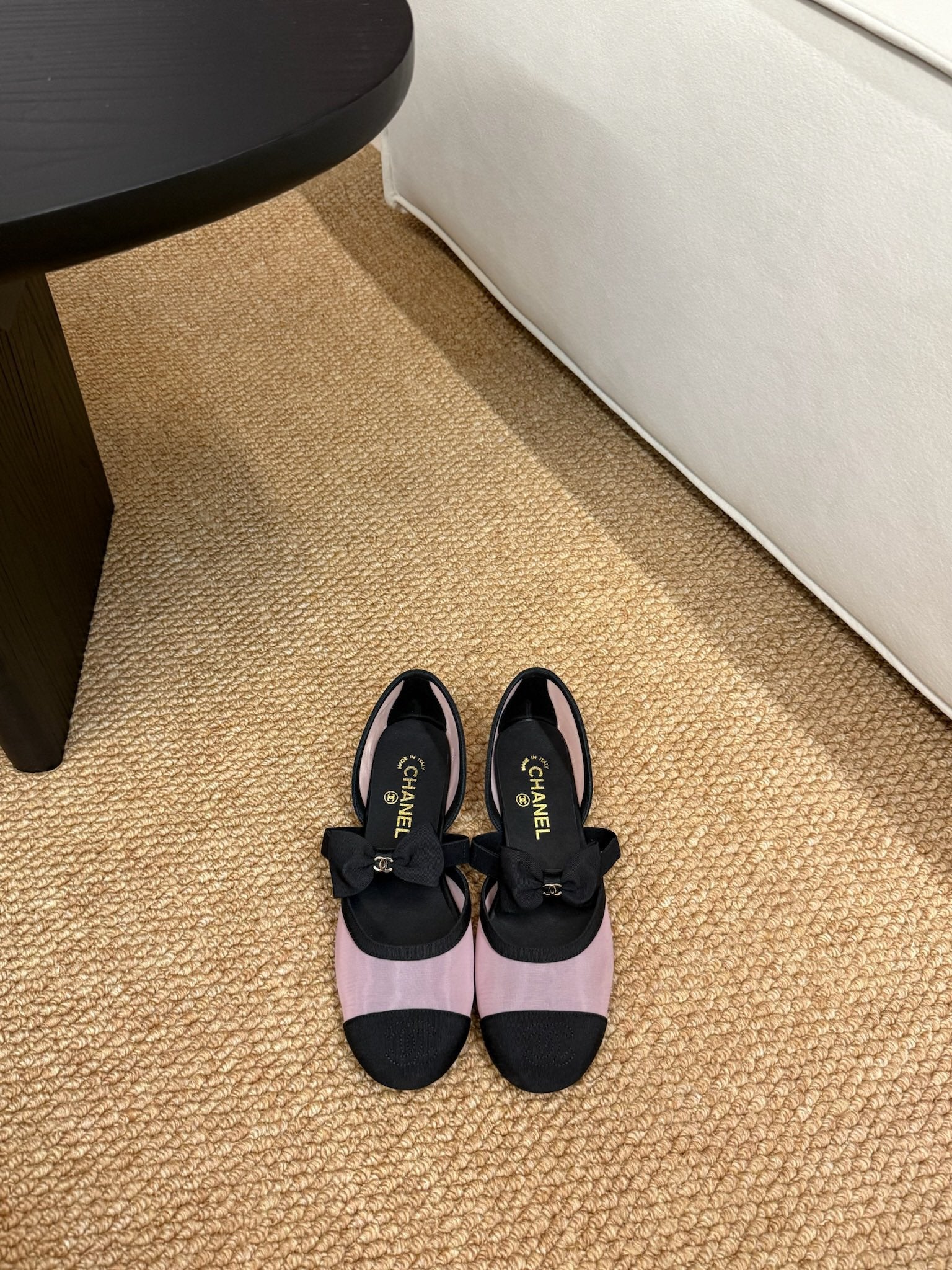 CC 26s Mary Jane Flats In Pink And Black Mesh Ribbon Strap Cap Toe