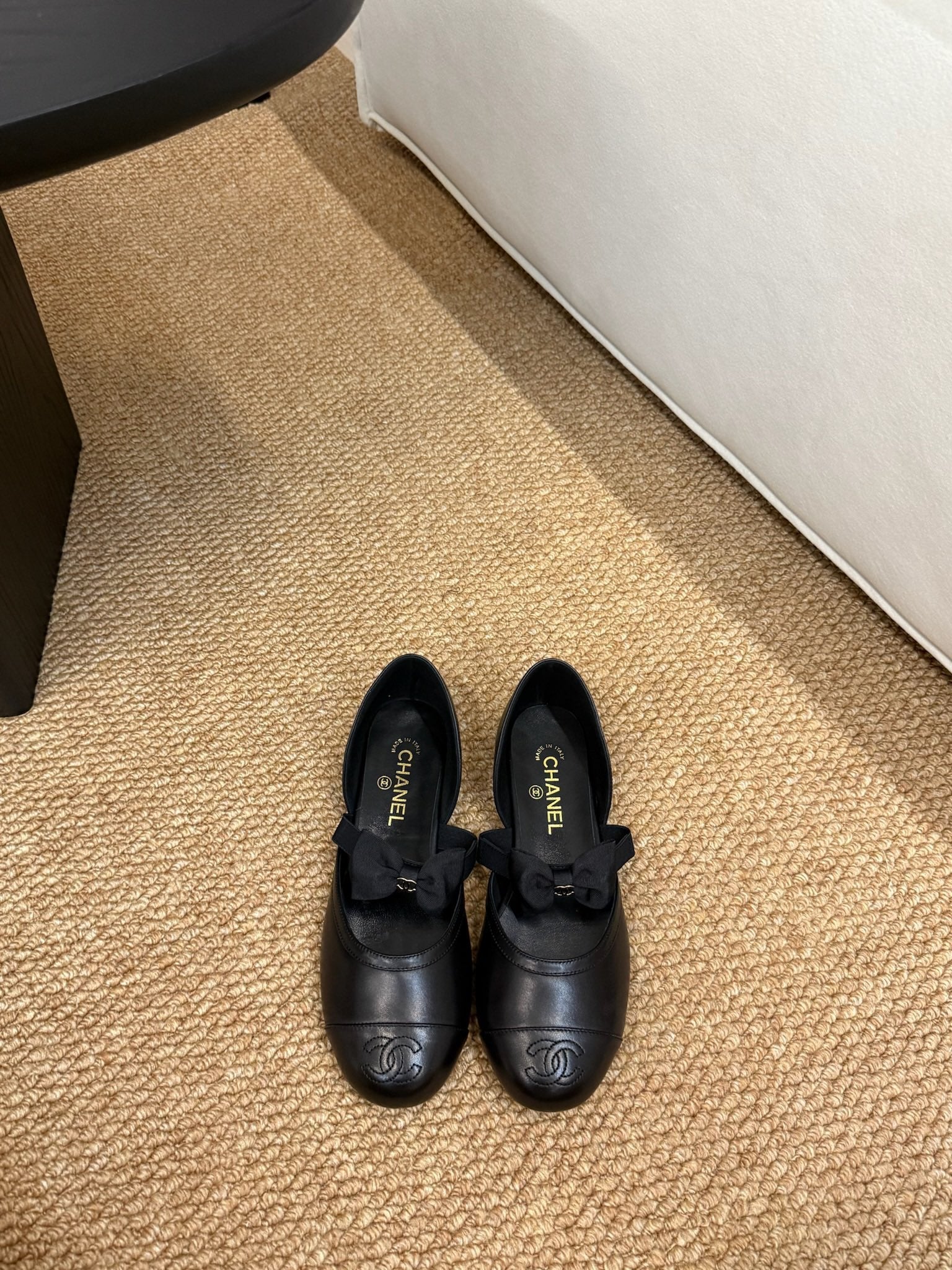 CC 26s Mary Jane Slingback Flats In Black Calfskin Cap Toe Ribbon Strap