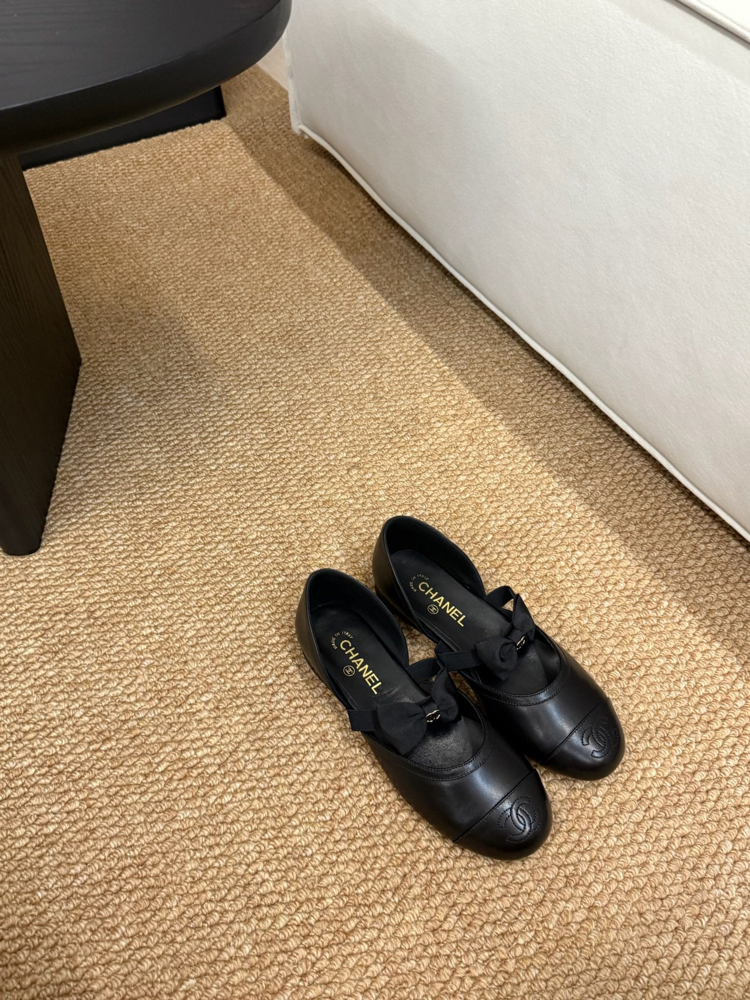 CC 26s Mary Jane Slingback Flats In Black Calfskin Cap Toe Ribbon Strap