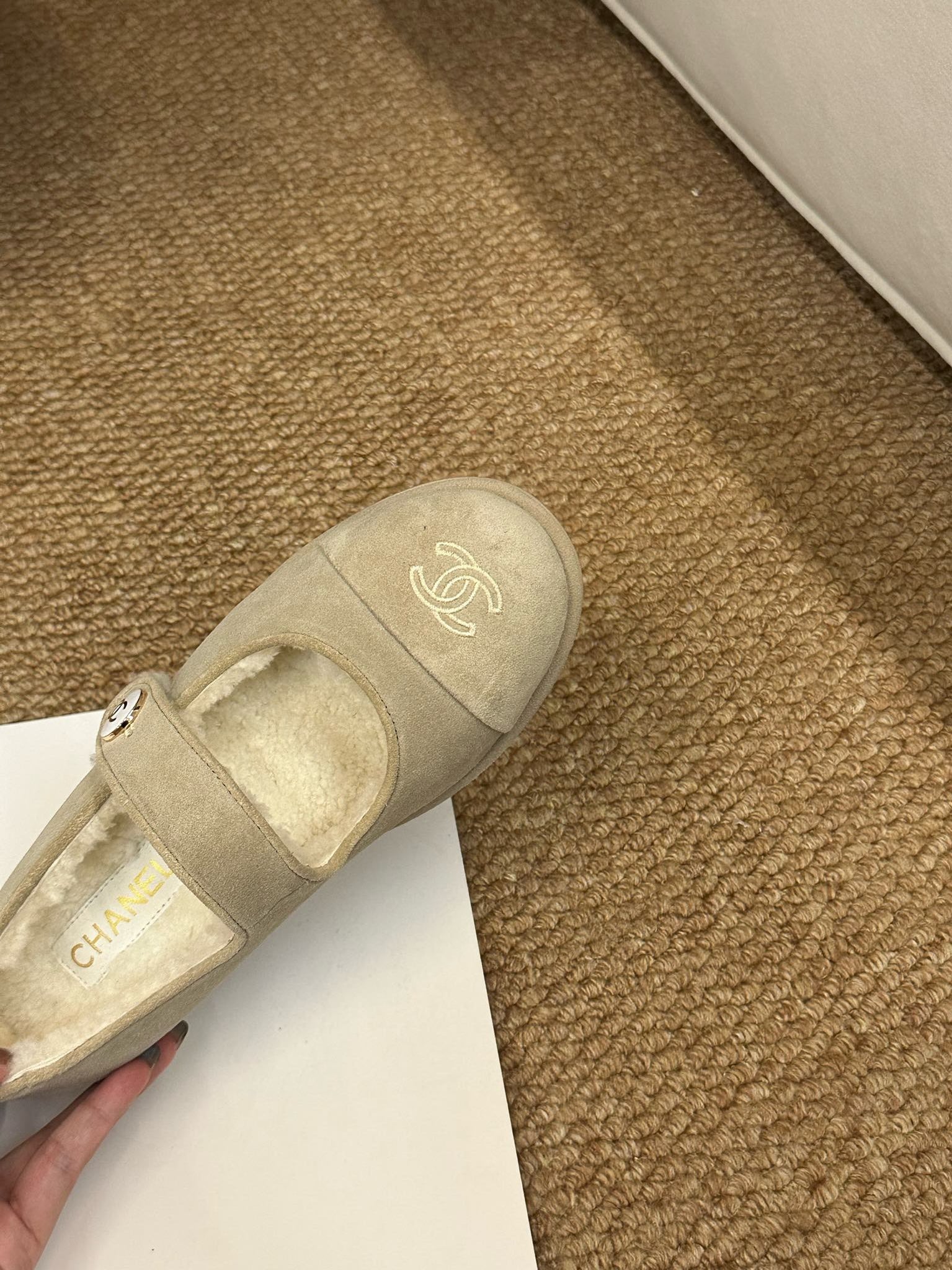 CC 26s Mary Jane Flats Caramel Beige Suede Shearling Lining