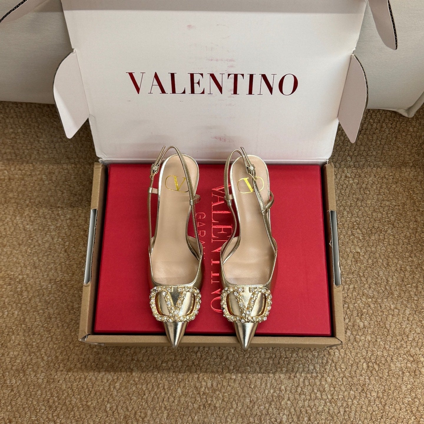 Valentino 26s High Heel Slingbacks In Metallic Gold Calfskin With Crystal