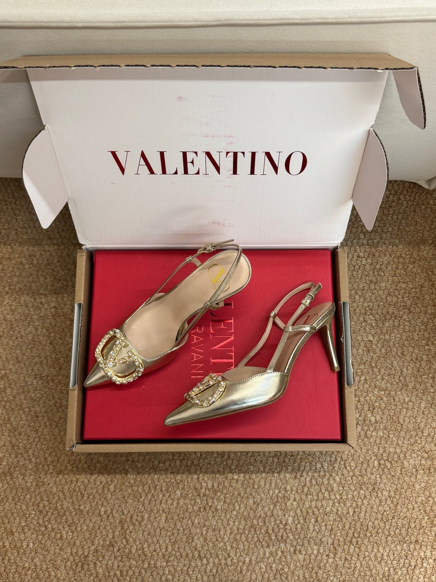 Valentino 26s High Heel Slingbacks In Metallic Gold Calfskin With Crystal