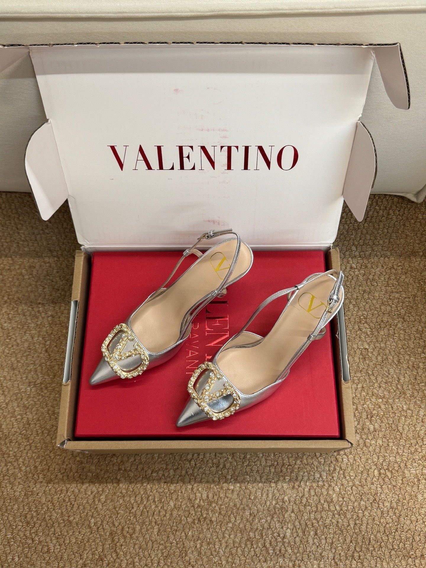 Valentino 26s High Heel Slingbacks In Metallic Silver Calfskin With Crystal