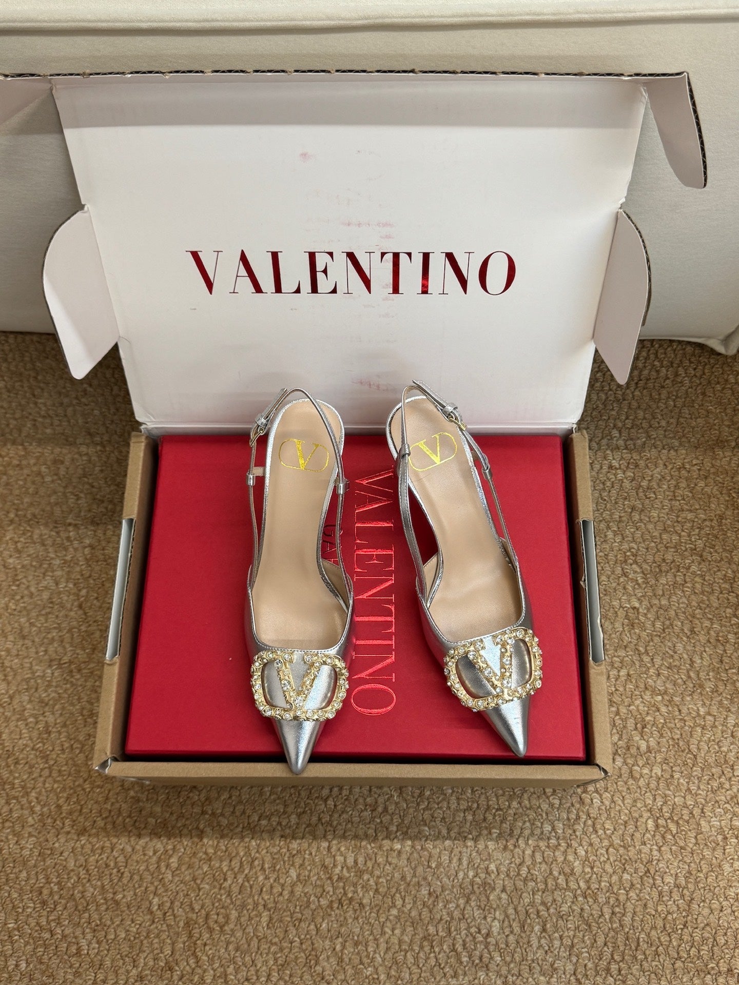 Valentino 26s High Heel Slingbacks In Metallic Silver Calfskin With Crystal