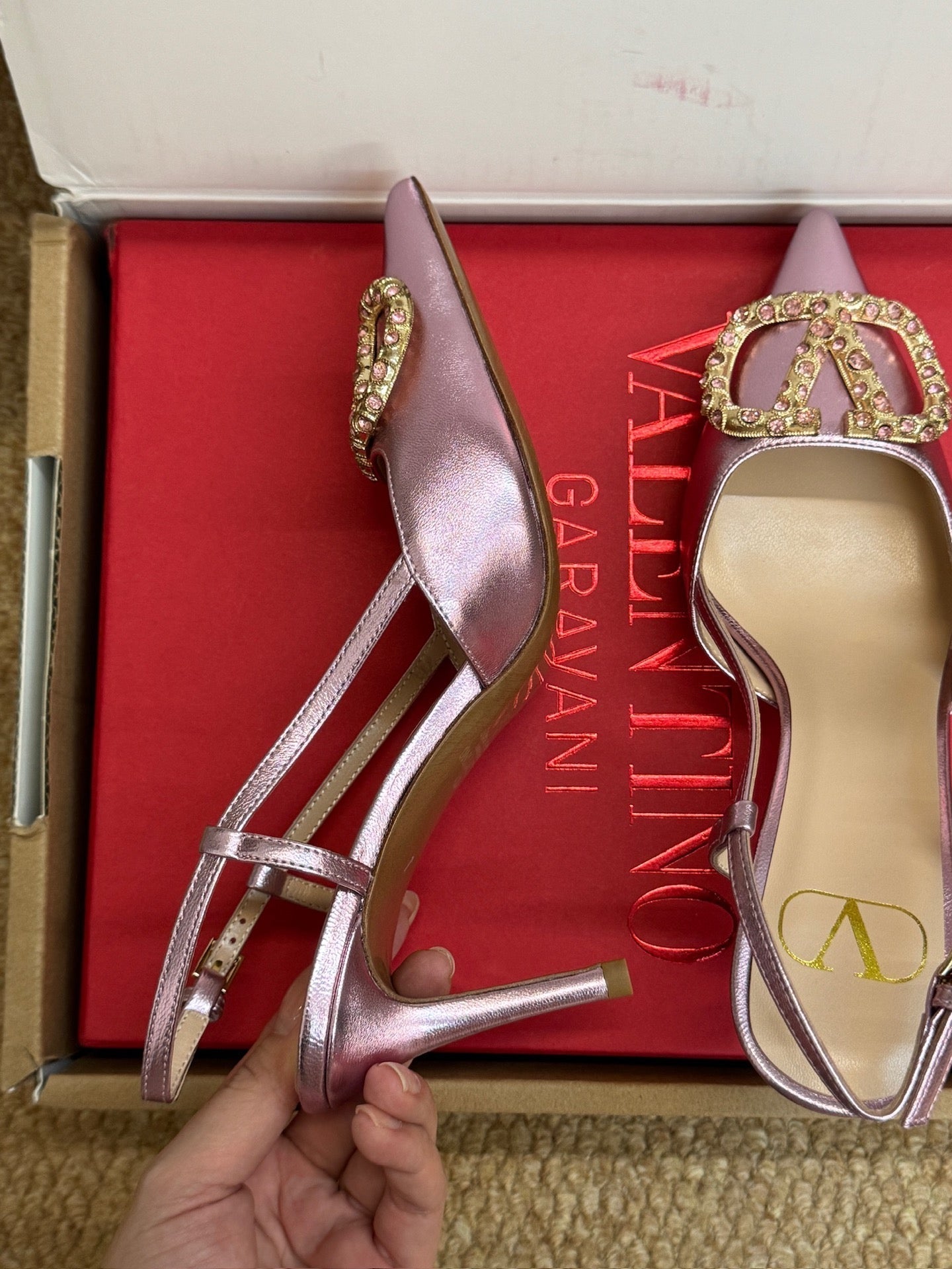 Valentino 26s High Heel Slingbacks In Metallic Pink Calfskin With Crystal