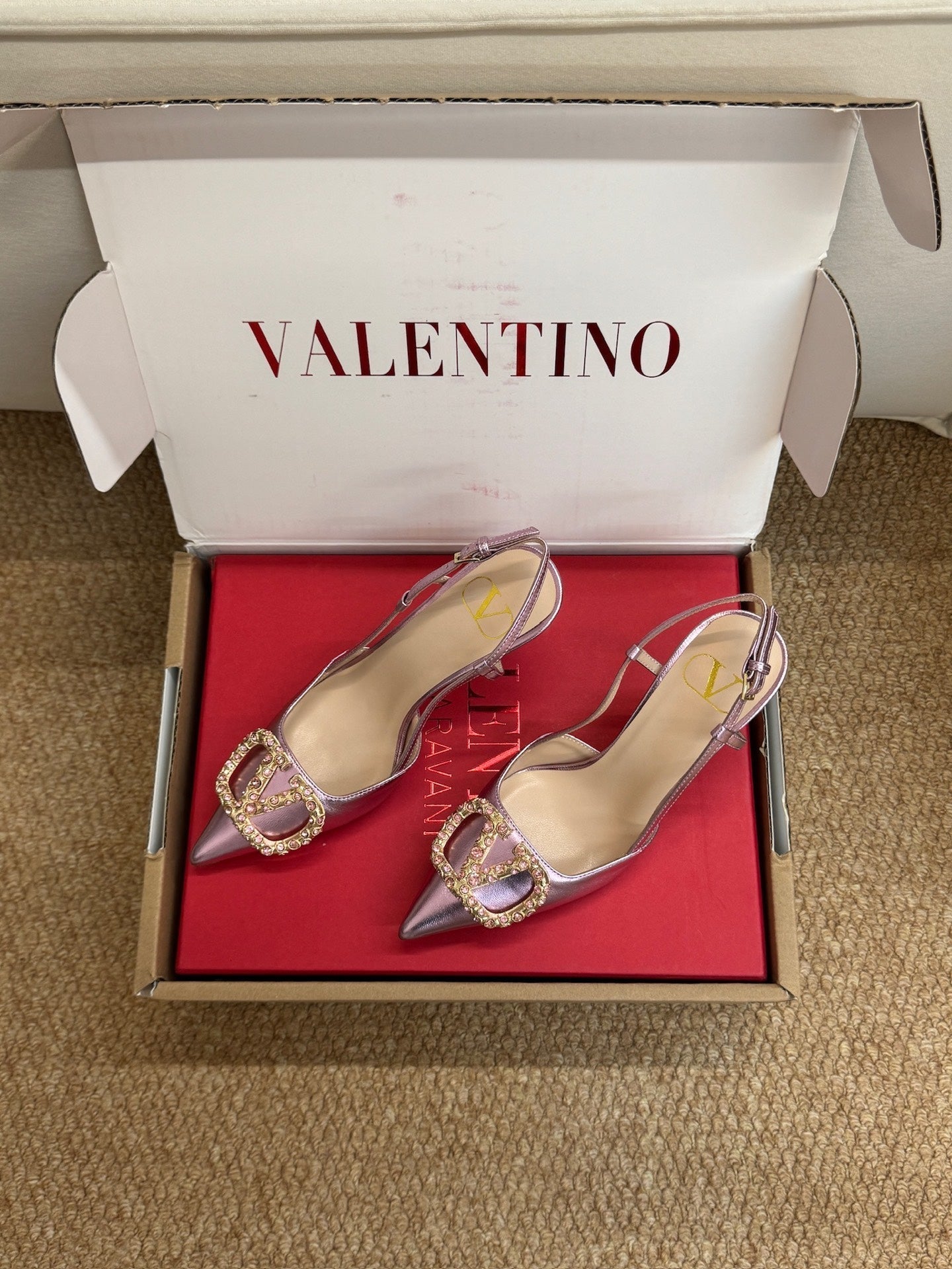 Valentino 26s High Heel Slingbacks In Metallic Pink Calfskin With Crystal