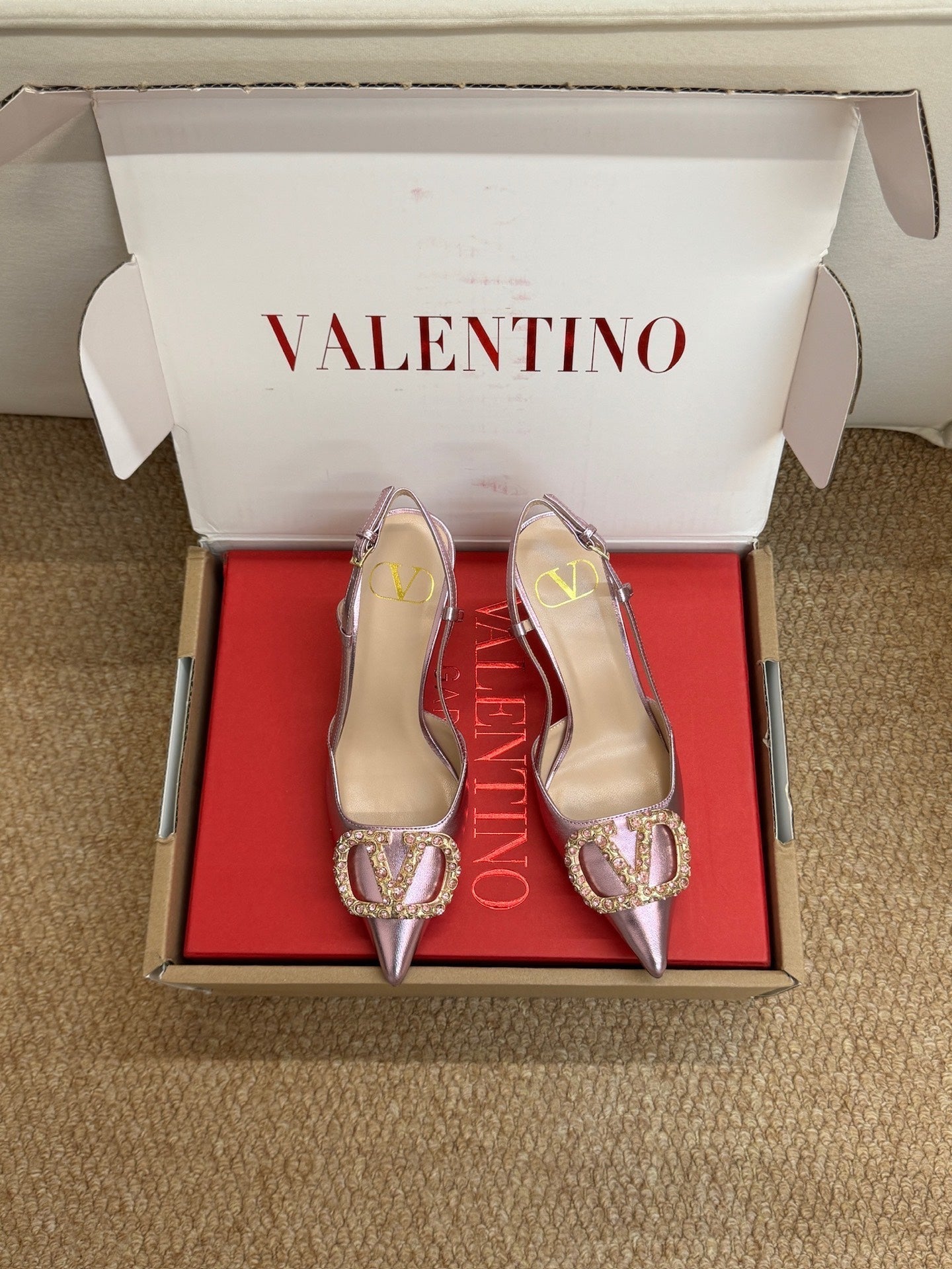 Valentino 26s High Heel Slingbacks In Metallic Pink Calfskin With Crystal