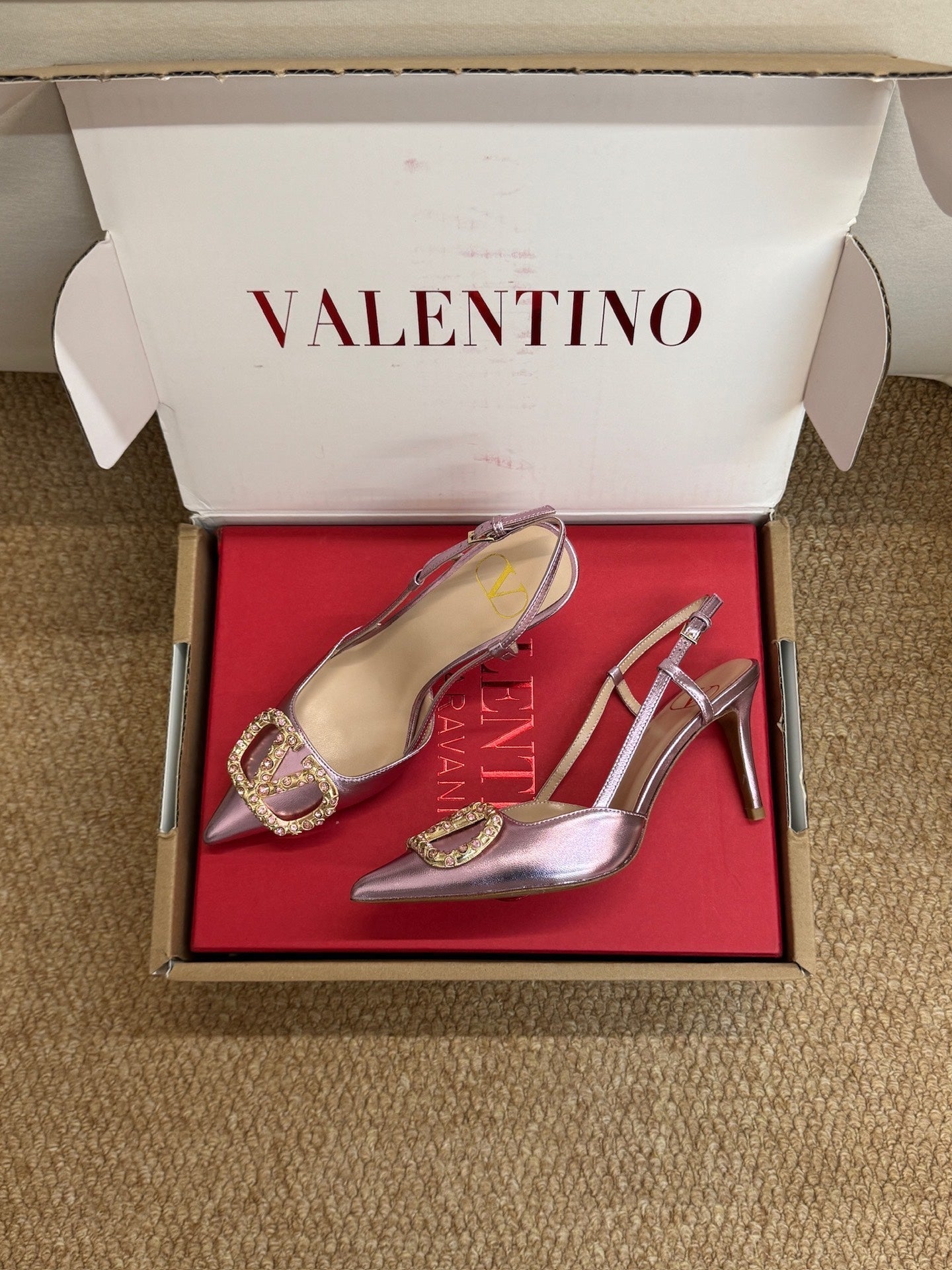 Valentino 26s High Heel Slingbacks In Metallic Pink Calfskin With Crystal