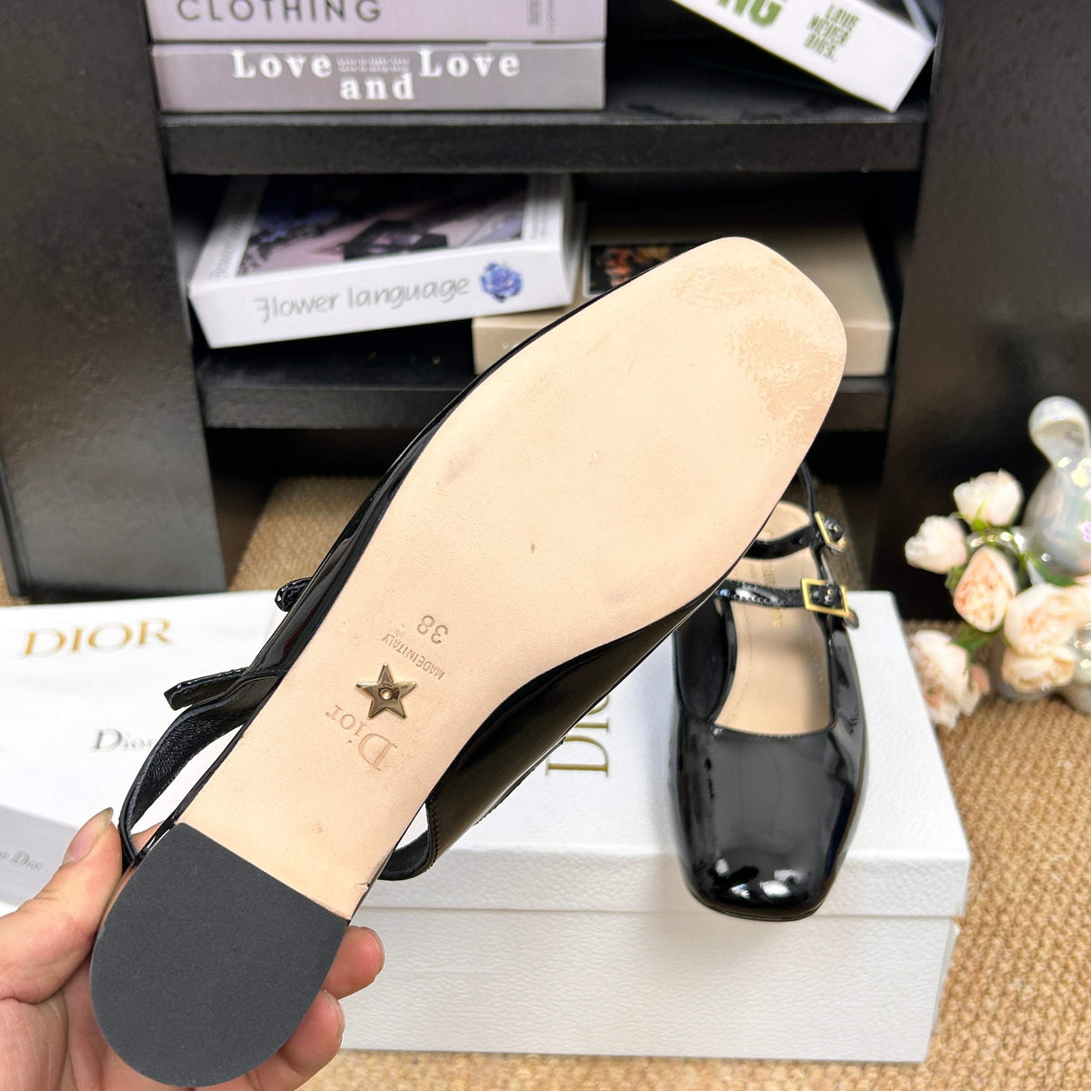 CD 26s Mary Jane Slingback Flats Black Patent Calfskin 157542