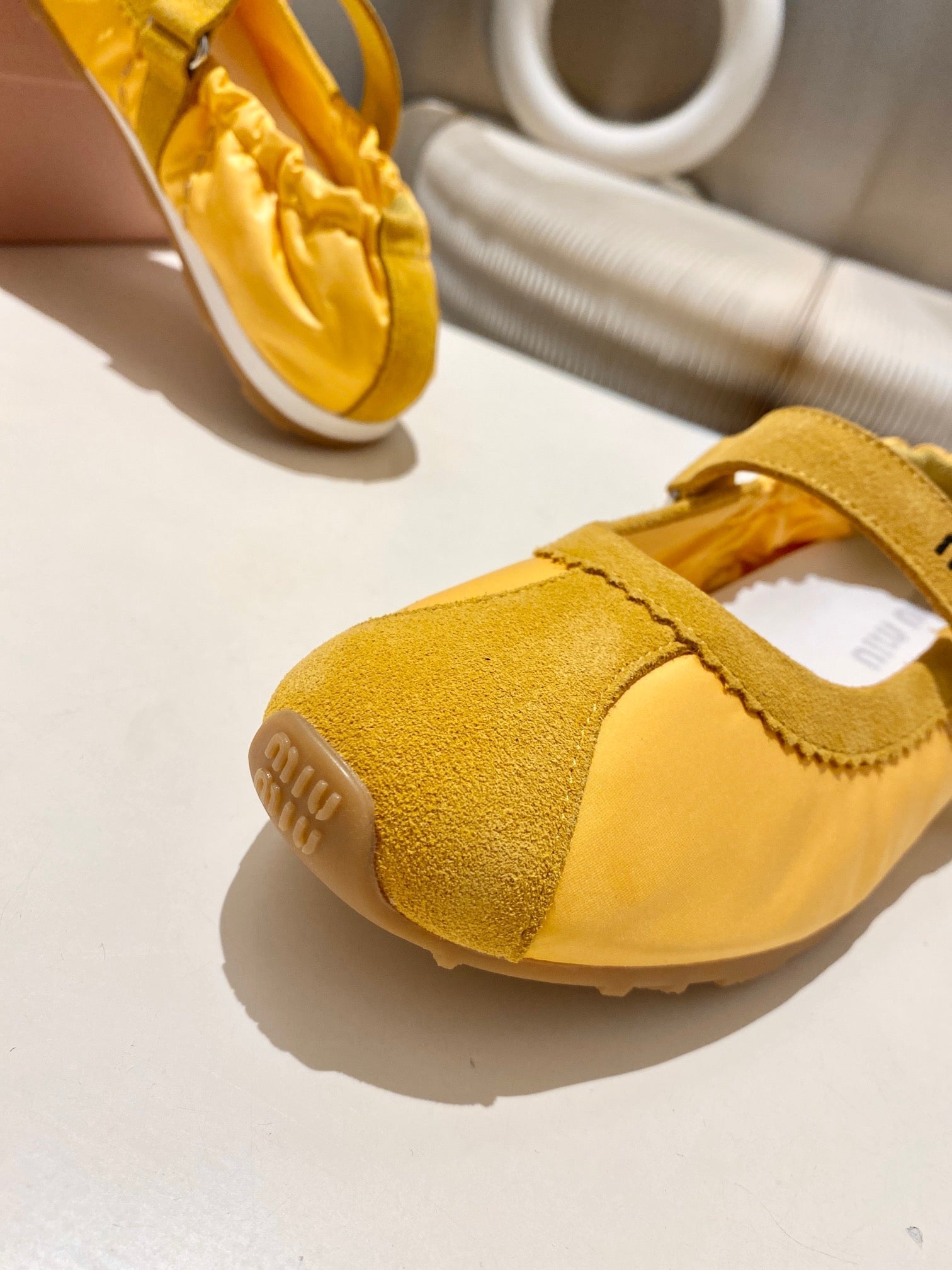 Miu 26s Ruches Nappa Ballerinas In Yellow Suede And Fabric
