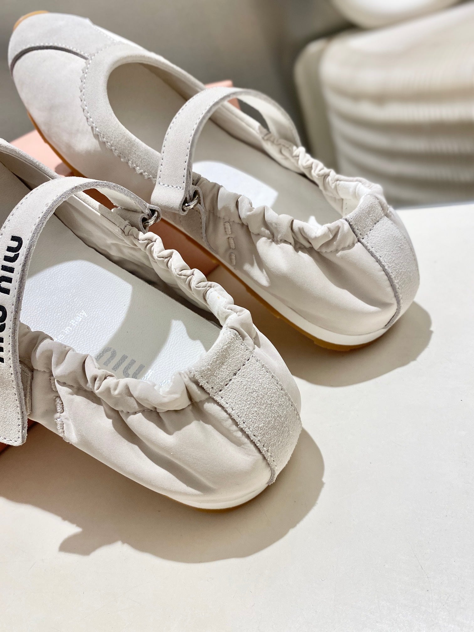 Miu 26s Ruches Nappa Ballerinas In Cream White Suede And Fabric