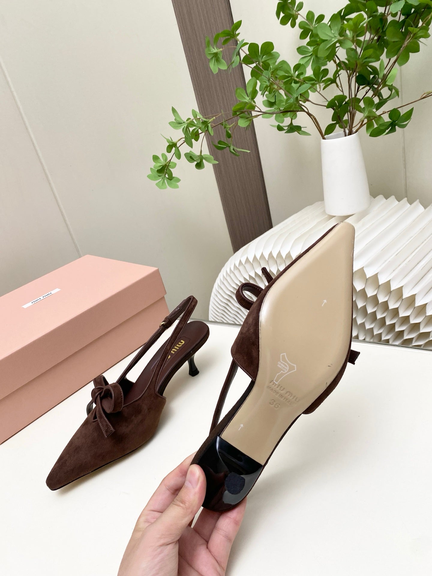 Miumiu 26s Slingback Pumps 55mm In Dark Brown Suede With Bow