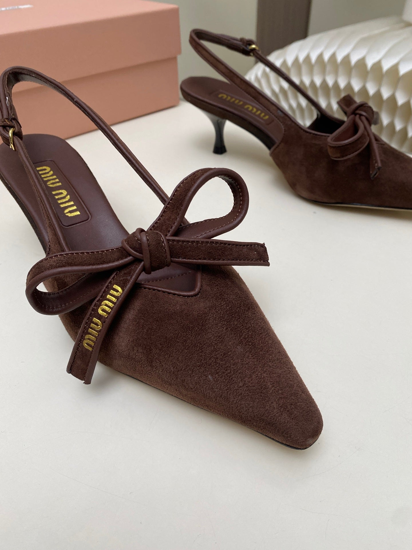 Miumiu 26s Slingback Pumps 55mm In Dark Brown Suede With Bow