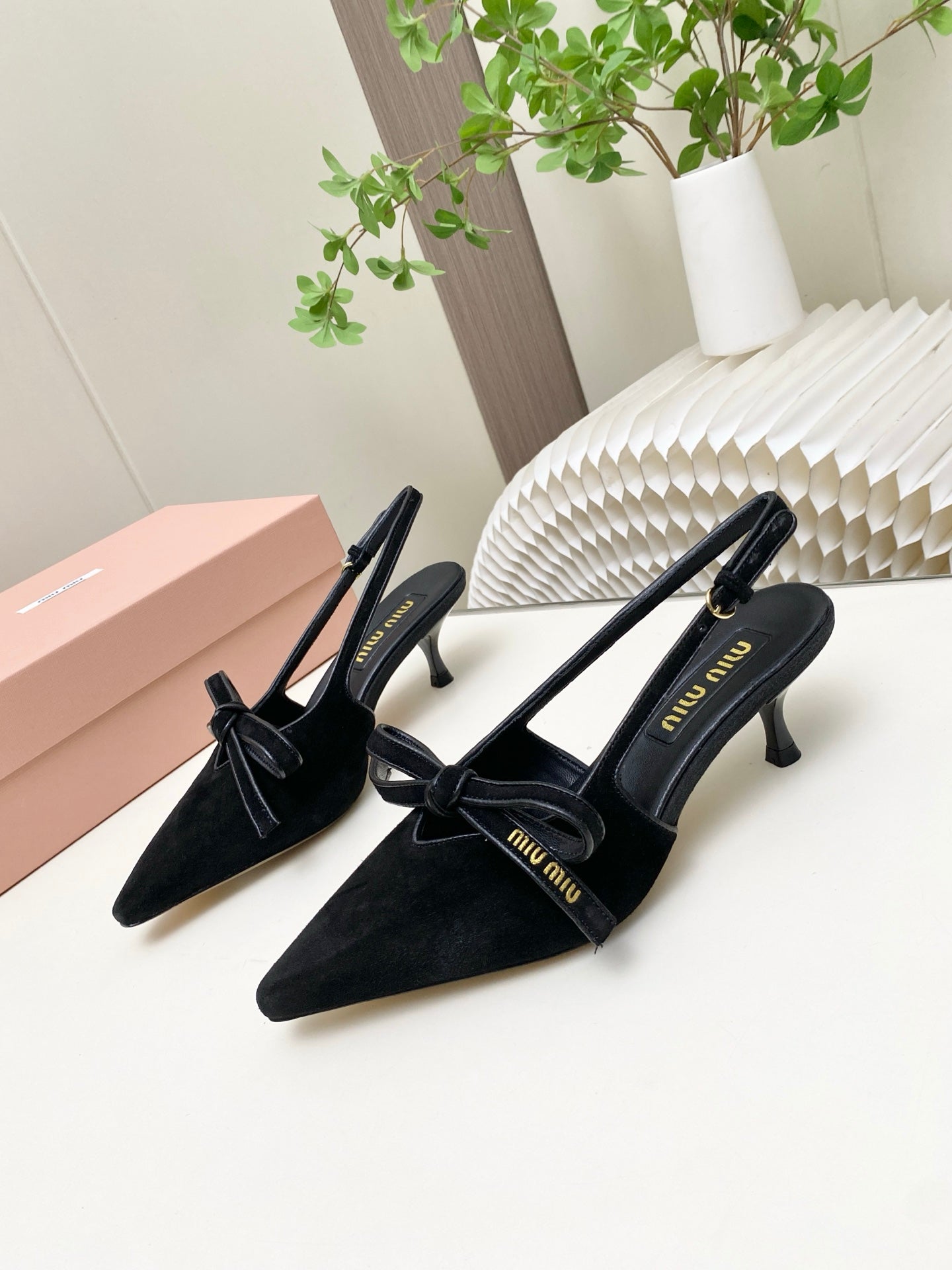 Miumiu 26s Slingback Pumps 55mm In Black Suede With Bow
