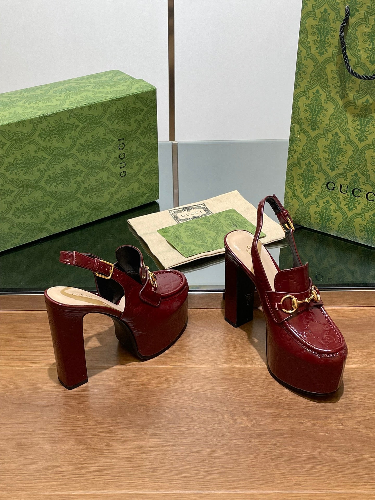 GG WOMEN'S HORSEBIT PLATFORM SLINGBACK IN ROSSO ANCORA RED CALFSKIN