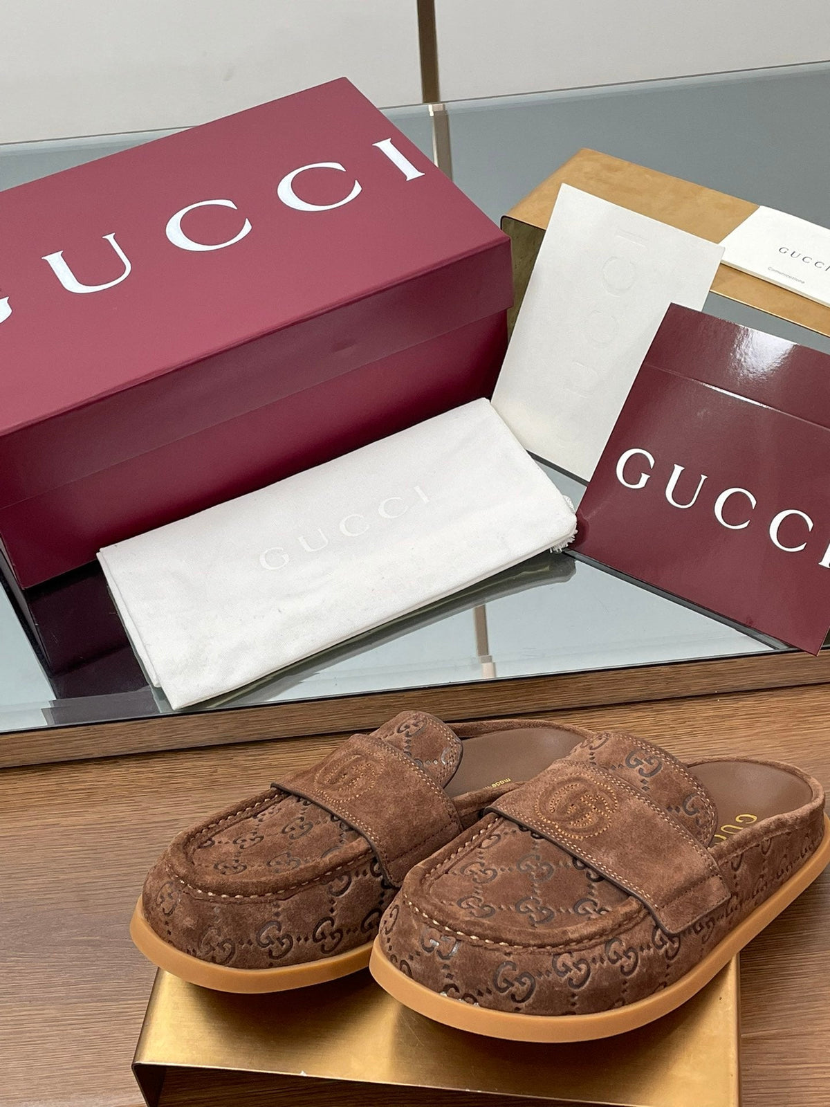 Gucci 26s Celia Mules Brown GG Suede 156866
