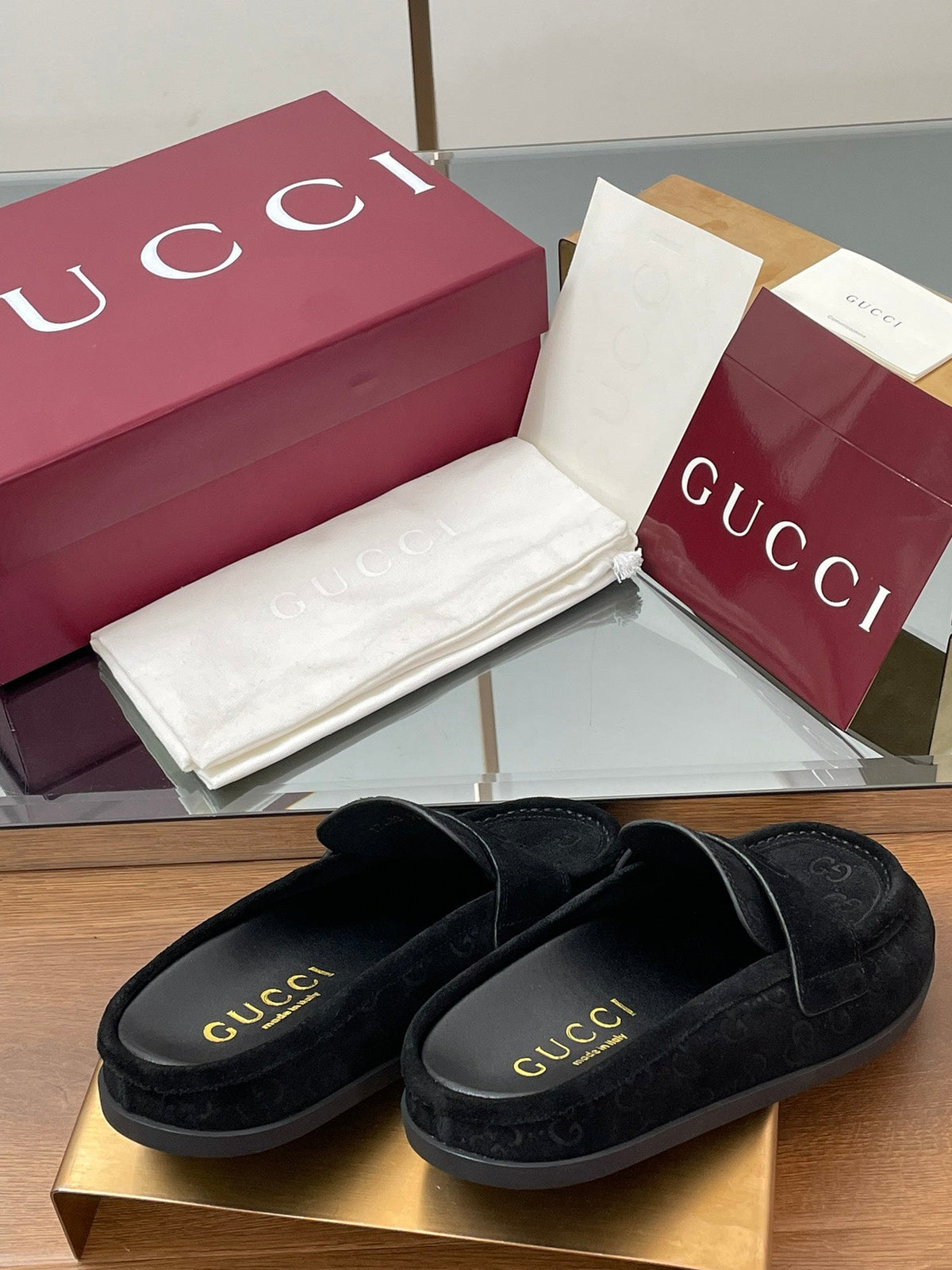 Gucci 26s Celia Mules Black GG Suede 156837