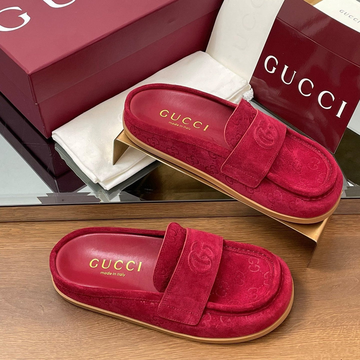 Gucci 26s Celia Mules Fuchsia GG Suede 156838