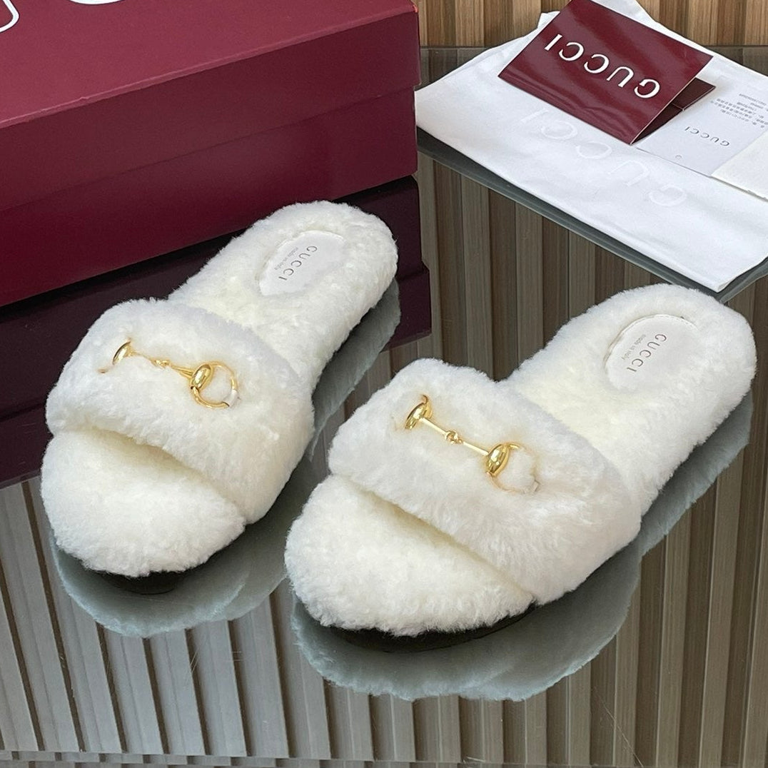 Gucci 2025 Horsebit Slipper White Wool 562872