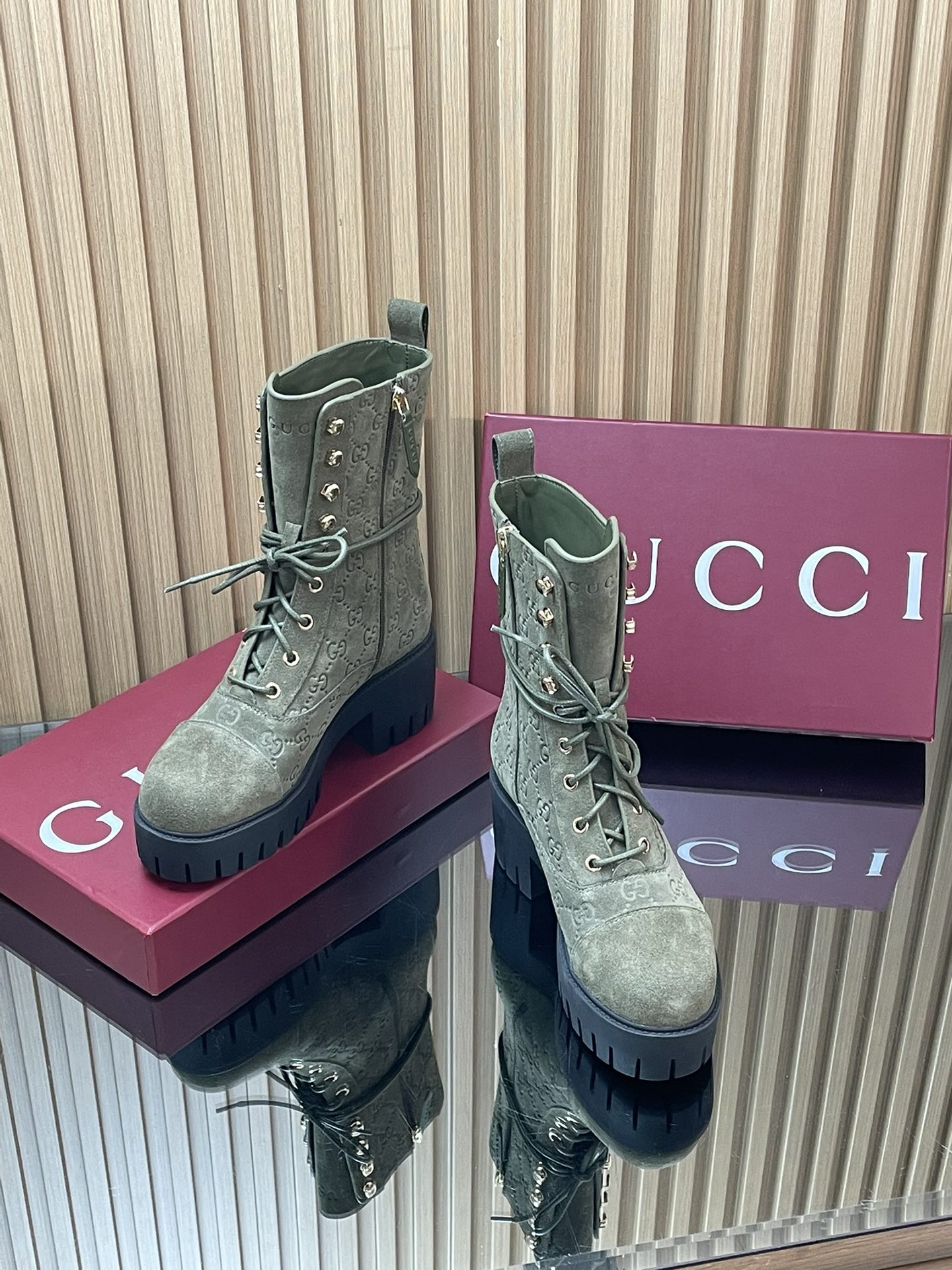 GG 26s Combat Boots Olive GG-Embossed Suede 997189