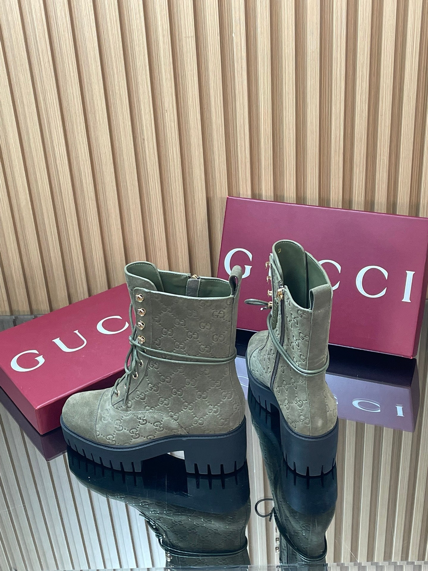 GG 26s Combat Boots Olive GG-Embossed Suede 997189