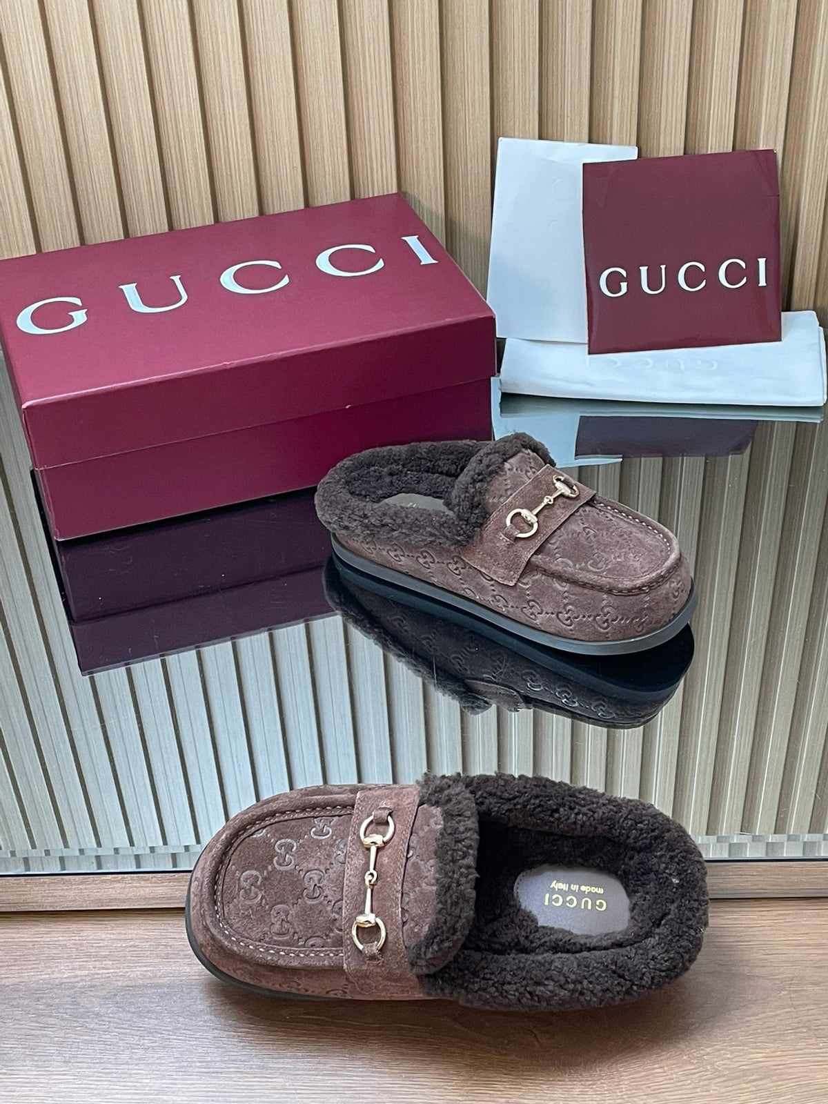 Gucci 26s Celia Mules Dark Brown GG Suede Shearling 156832