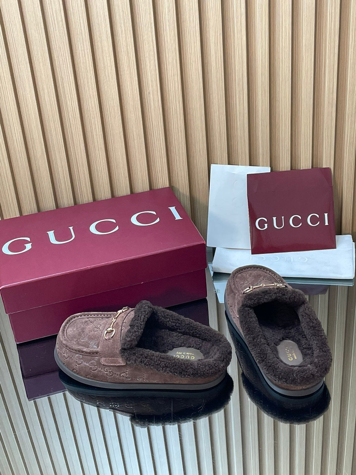 Gucci 26s Celia Mules Dark Brown GG Suede Shearling 156832