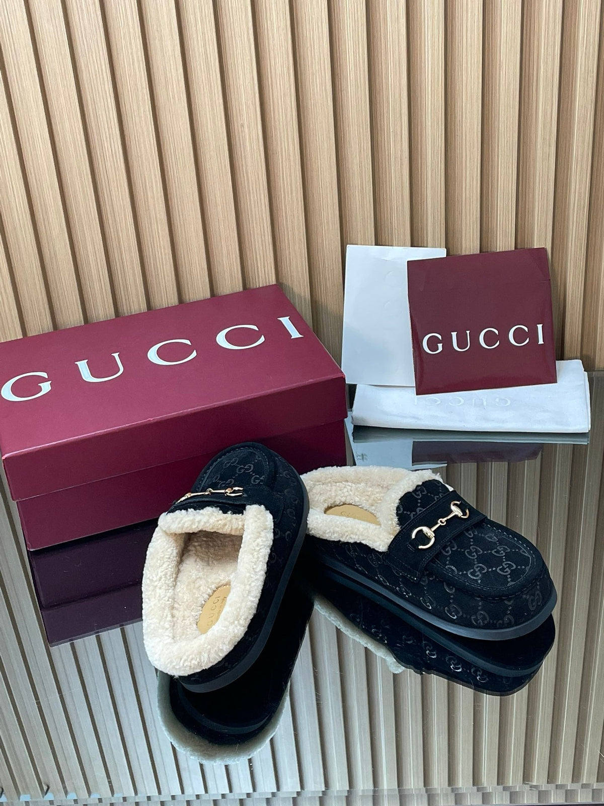 Gucci 26s Celia Mules Black GG Suede Shearling 156833