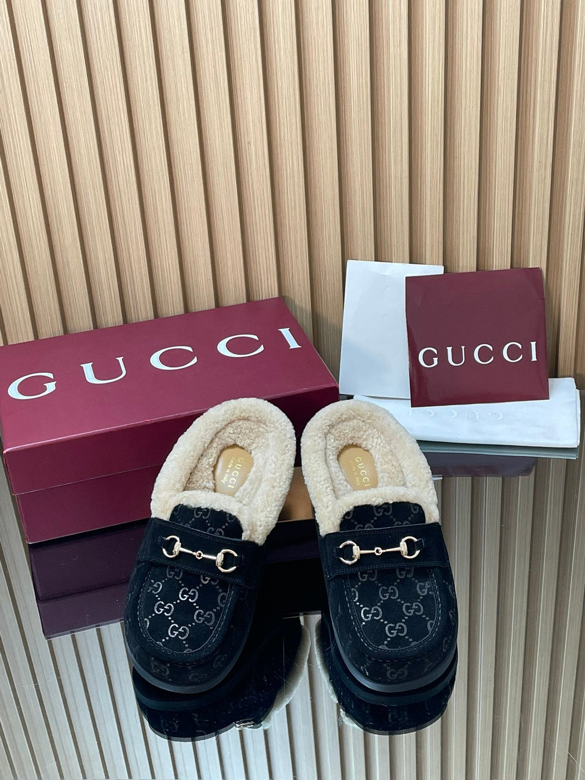 Gucci 26s Celia Mules Black GG Suede Shearling 156833