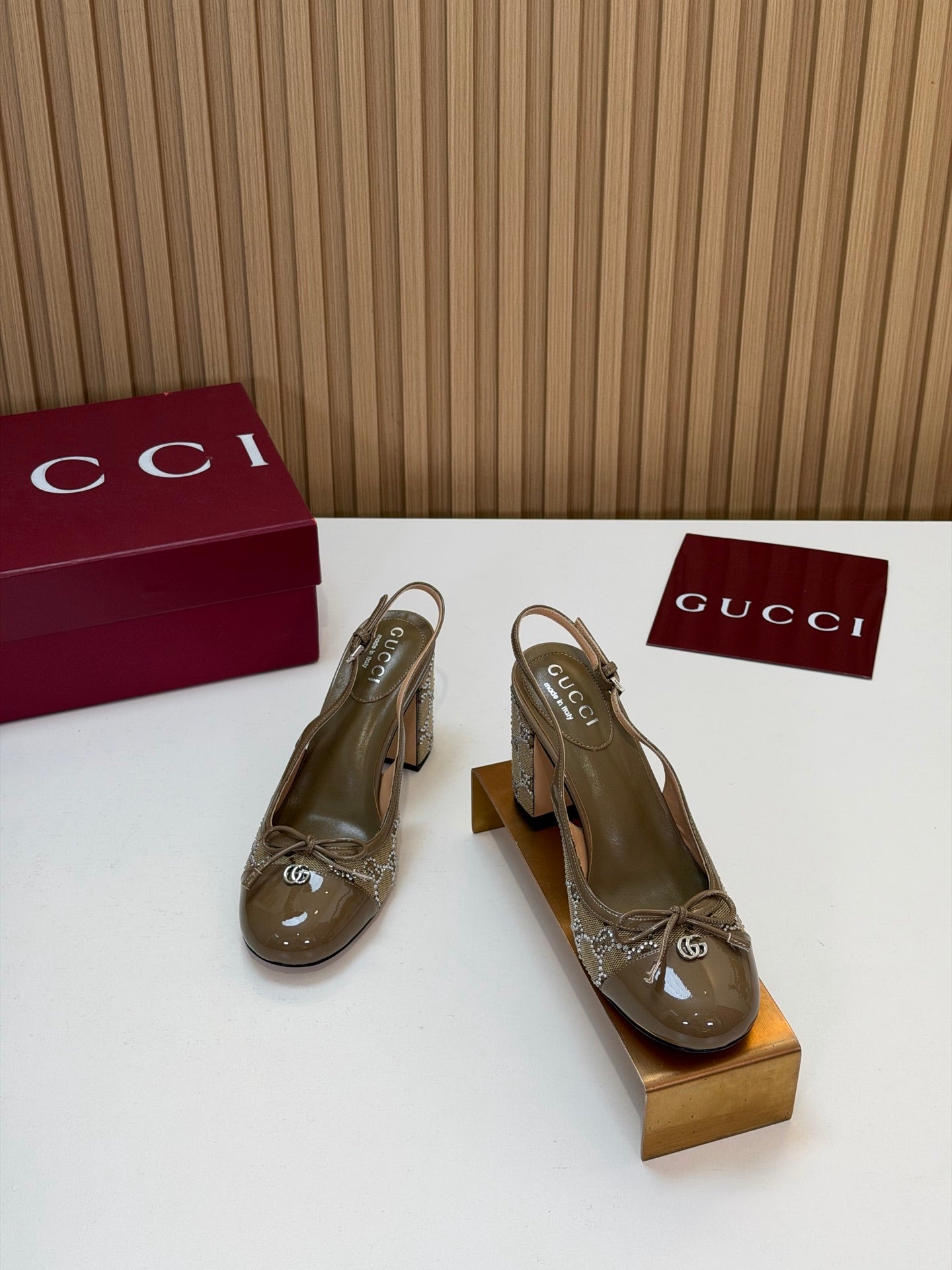 GG 26s Embellished Slingback Pumps Light Brown Denim 997170