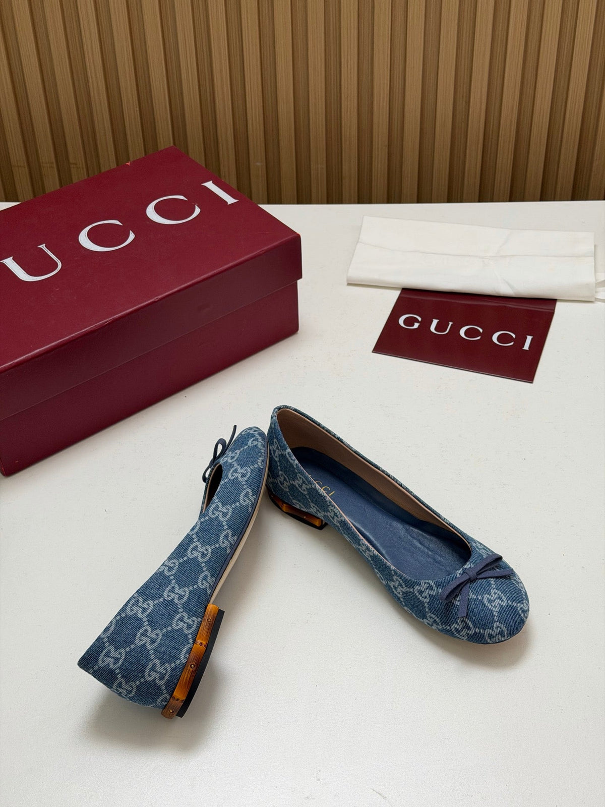 Gucci 26s Crystal Ballerina With Bamboo Flats Blue GG Denim 156867