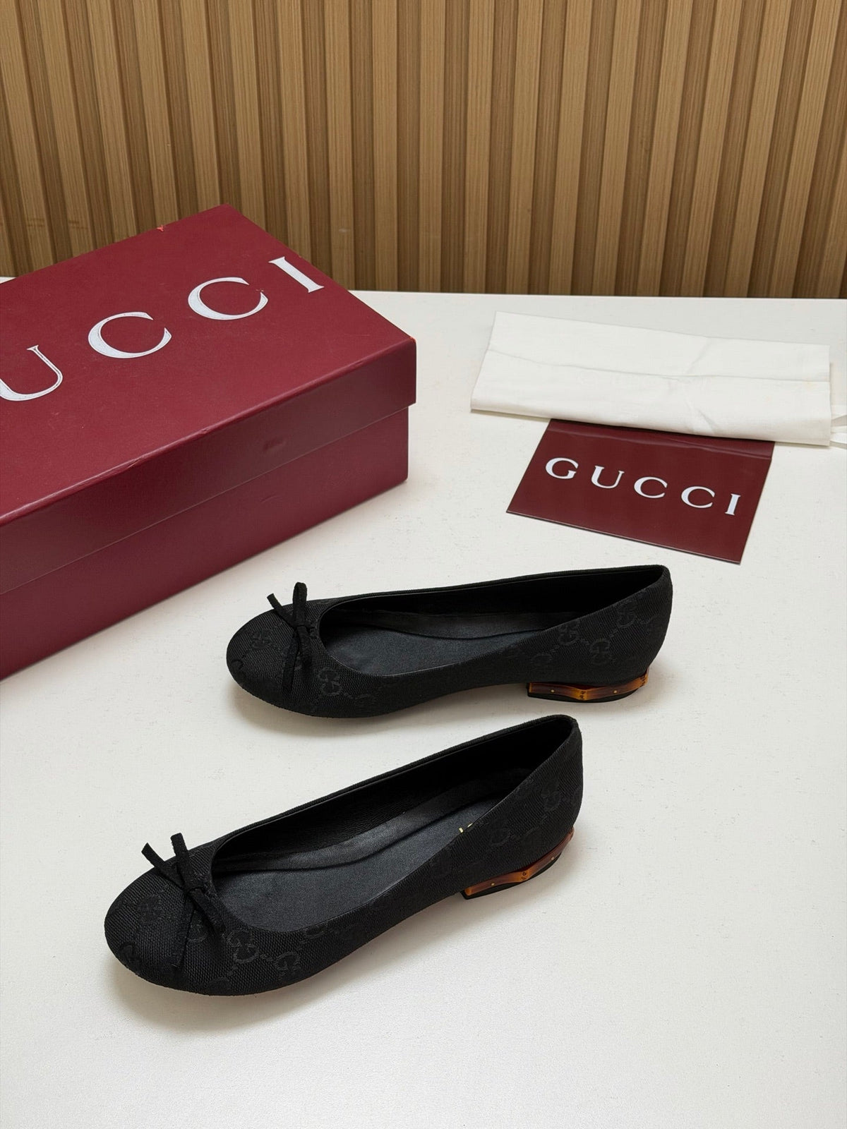 Gucci 26s Crystal Ballerina With Bamboo Flats Black GG Canvas 156871