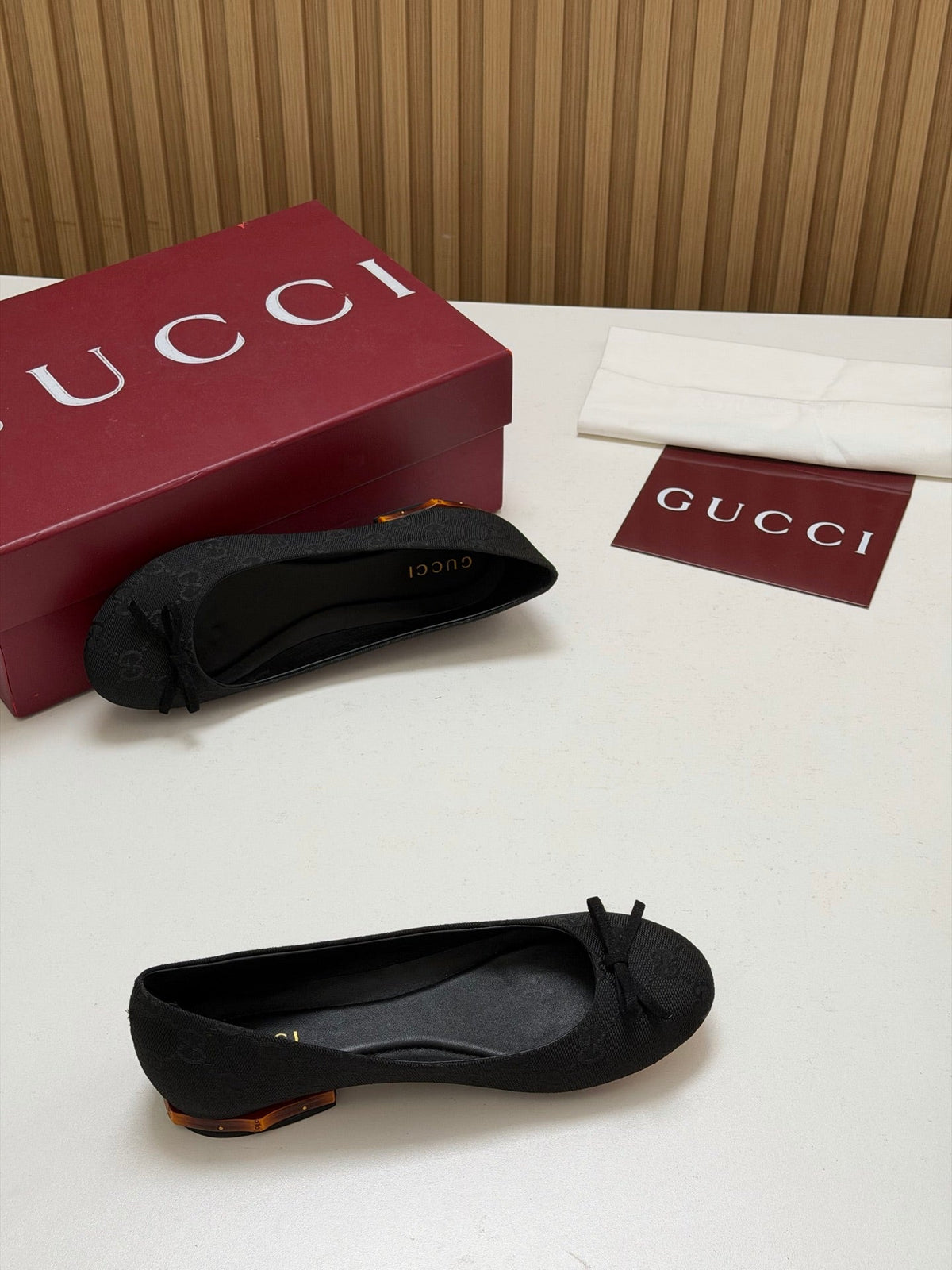Gucci 26s Crystal Ballerina With Bamboo Flats Black GG Canvas 156871