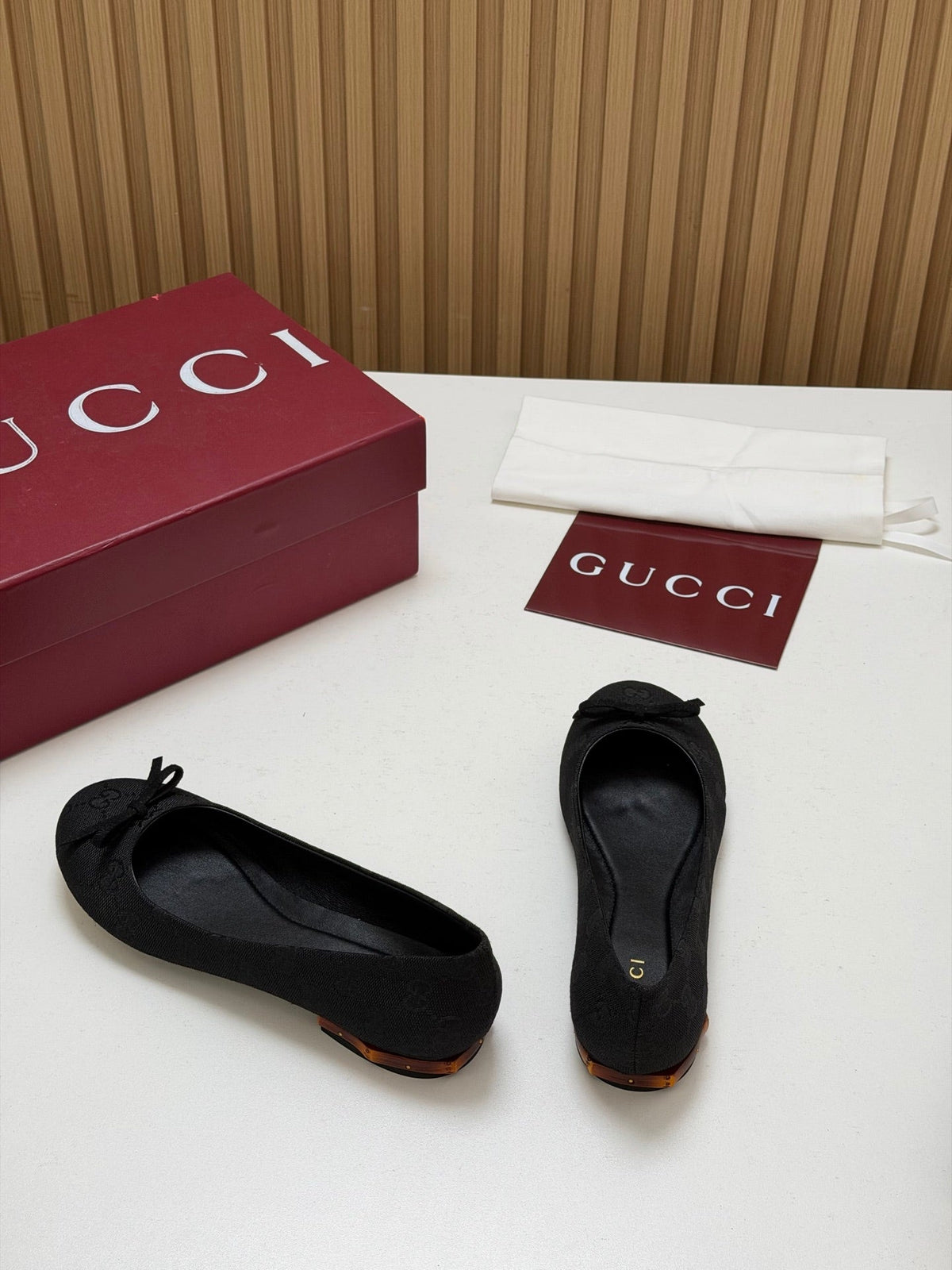 Gucci 26s Crystal Ballerina With Bamboo Flats Black GG Canvas 156871