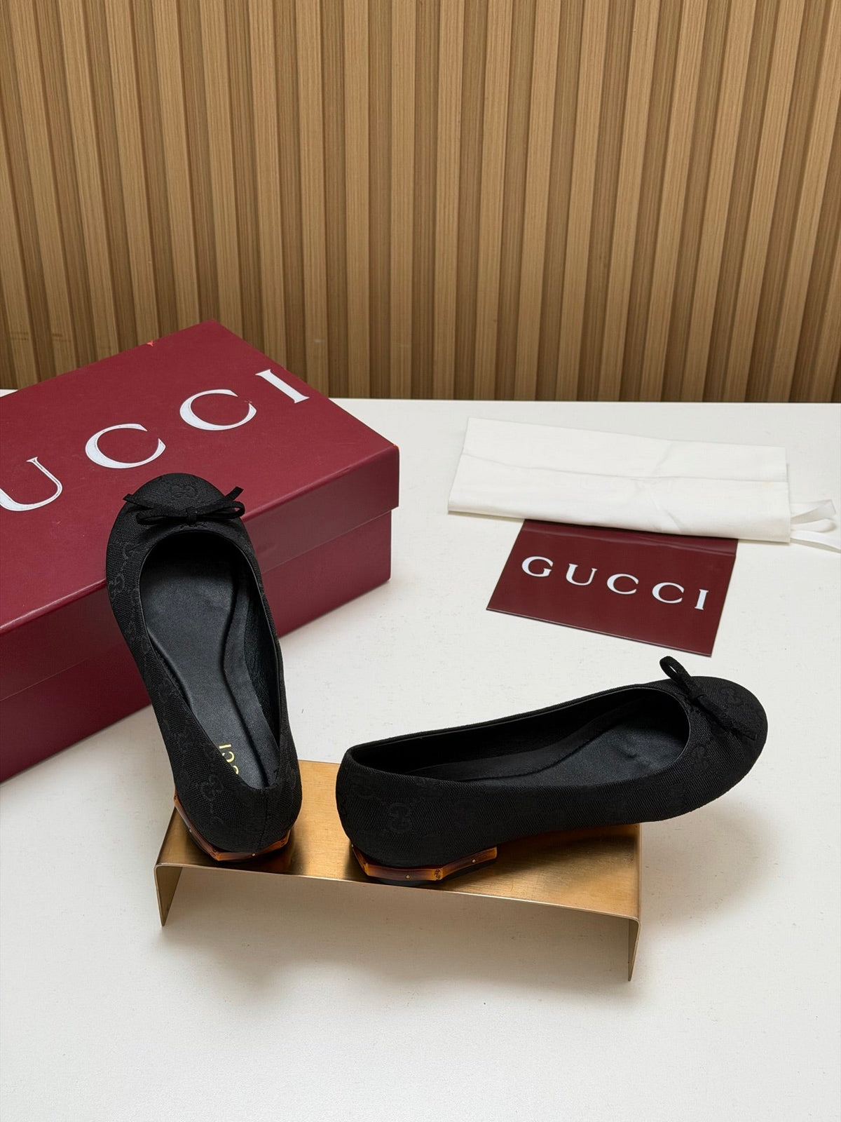Gucci 26s Crystal Ballerina With Bamboo Flats Black GG Canvas 156871