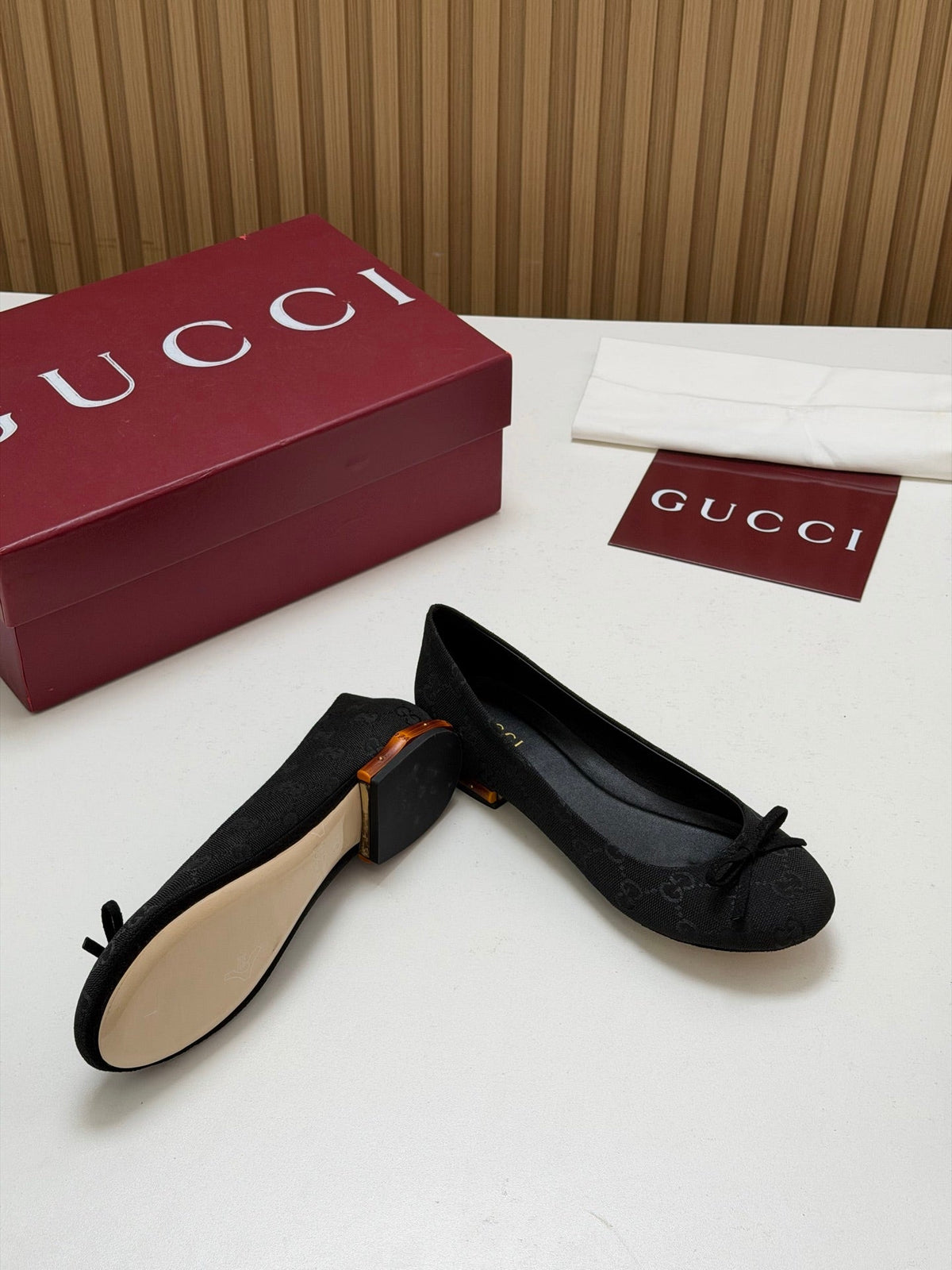 Gucci 26s Crystal Ballerina With Bamboo Flats Black GG Canvas 156871
