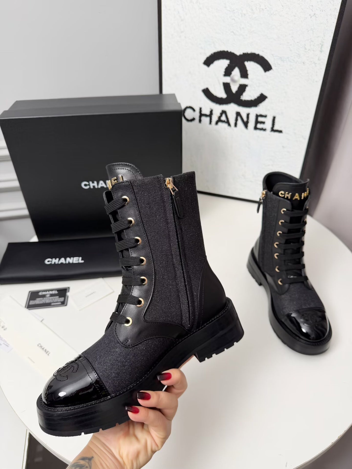CC 26s Ankle Boot Black Blue Denim Patent Leather