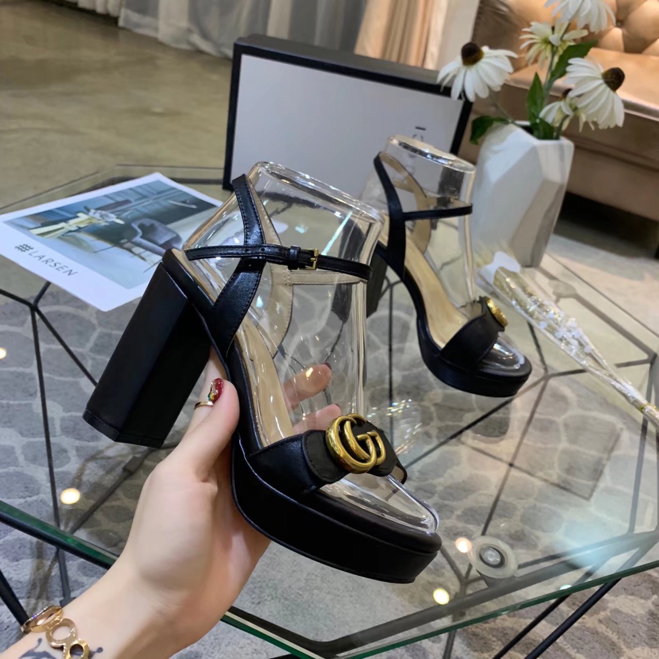 GG 26s Marmont Sandals 10cm Sandals Black Leather 926706