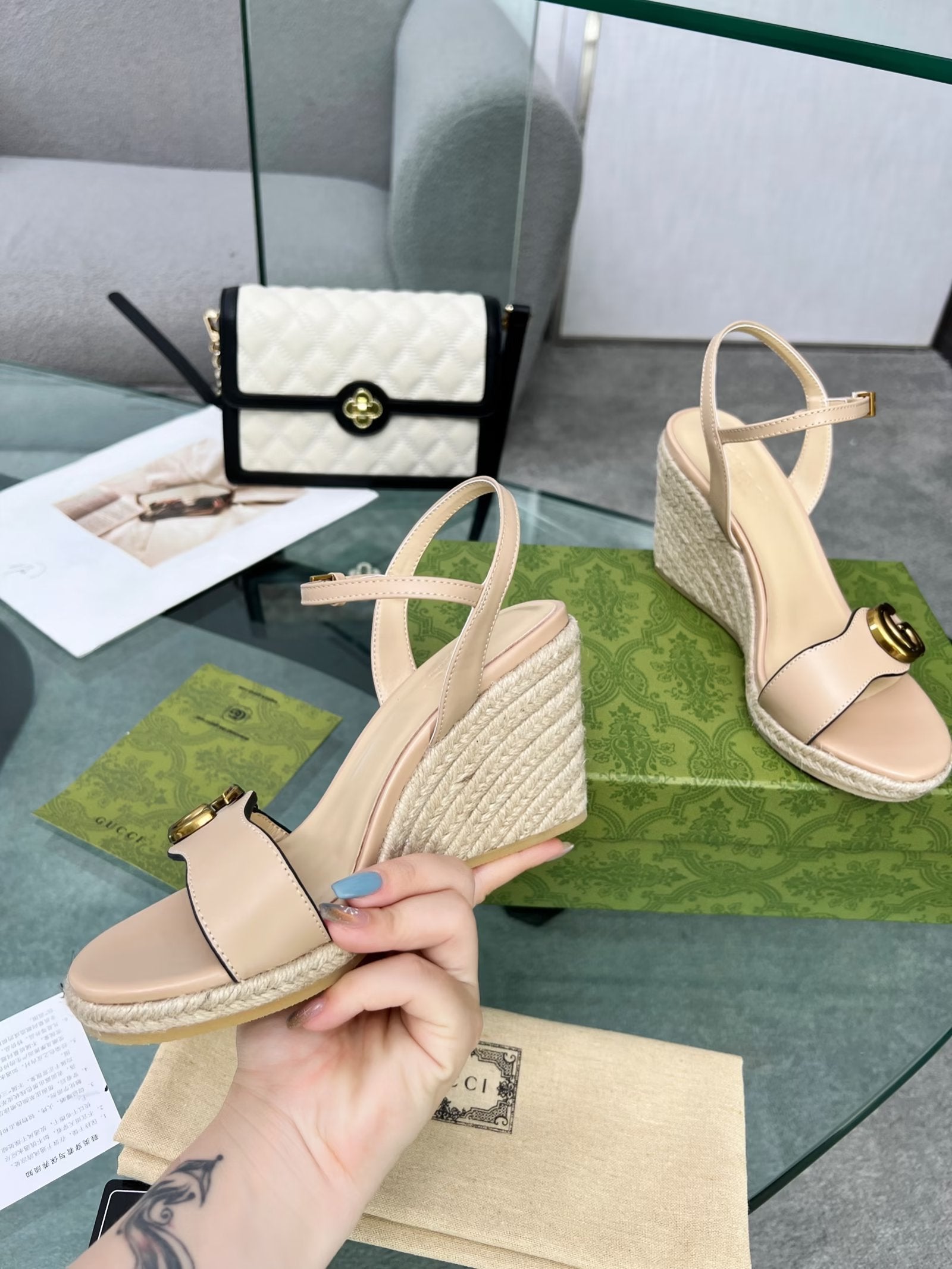 GG 26s Straw Platform Sandals 8cm Light Pink Leather 926713