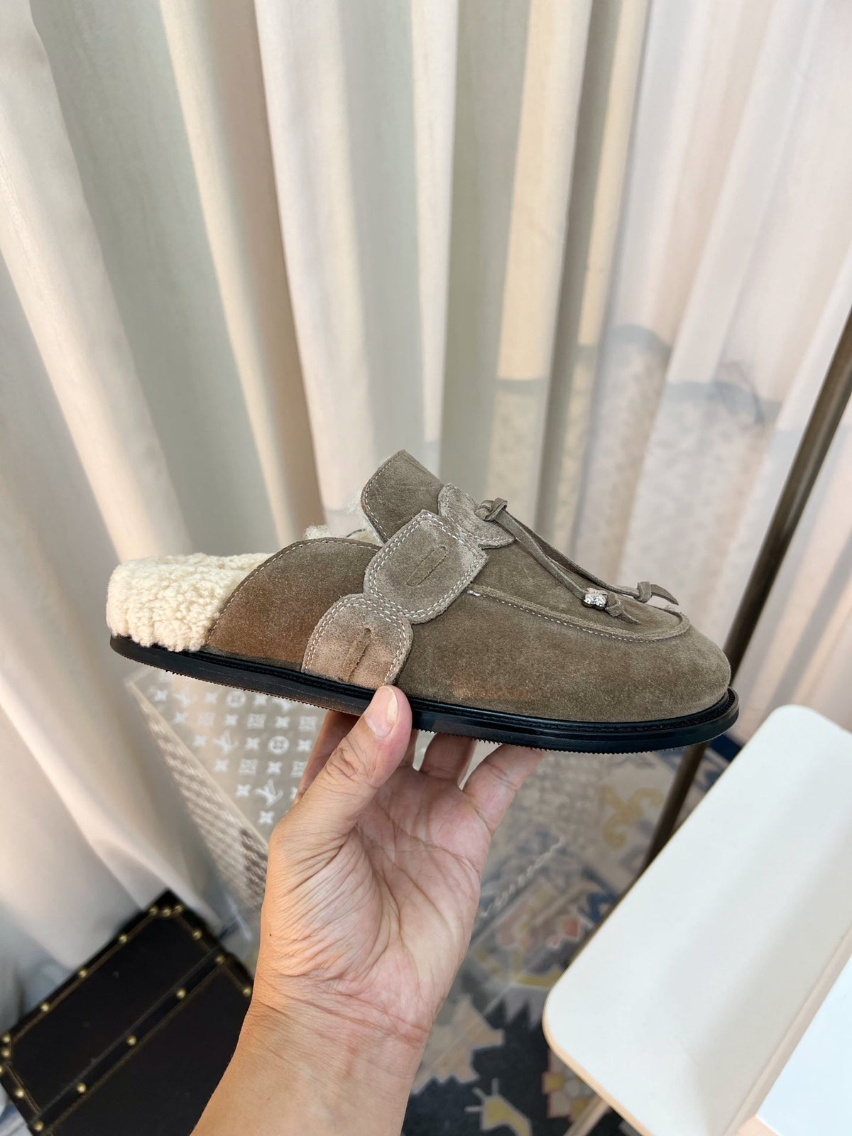 The Row 26s Drawstring Mule Flat Taupe Suede 146483