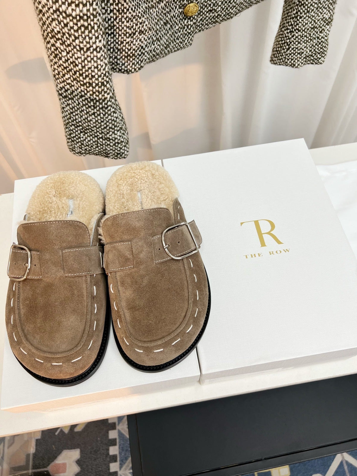 The Row 26s Buckle Mule Flat Taupe Suede 146479