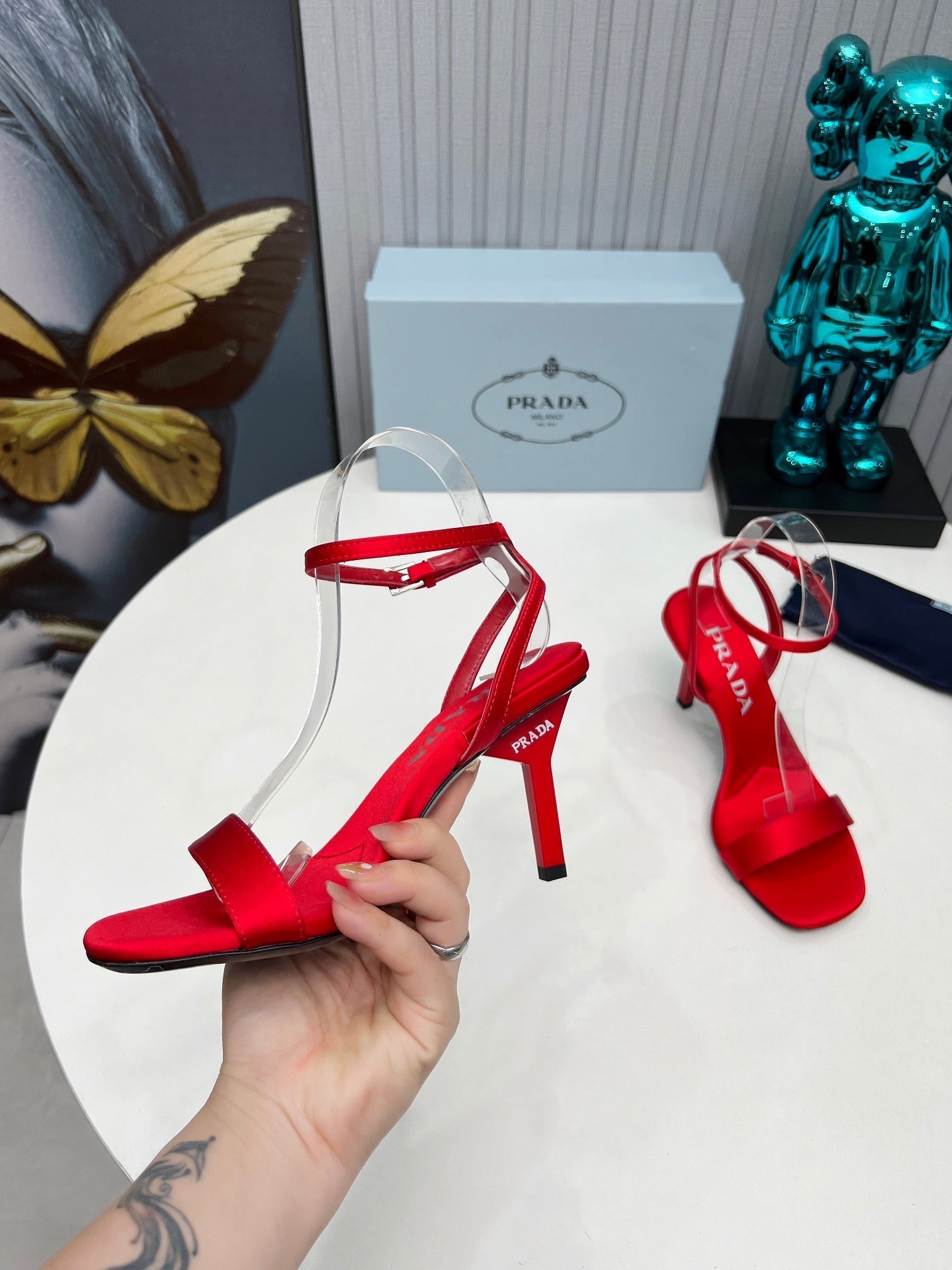 Prada 26s Ankle Strap Sandals Stiletto Heel 80mm In Dark Red Satin