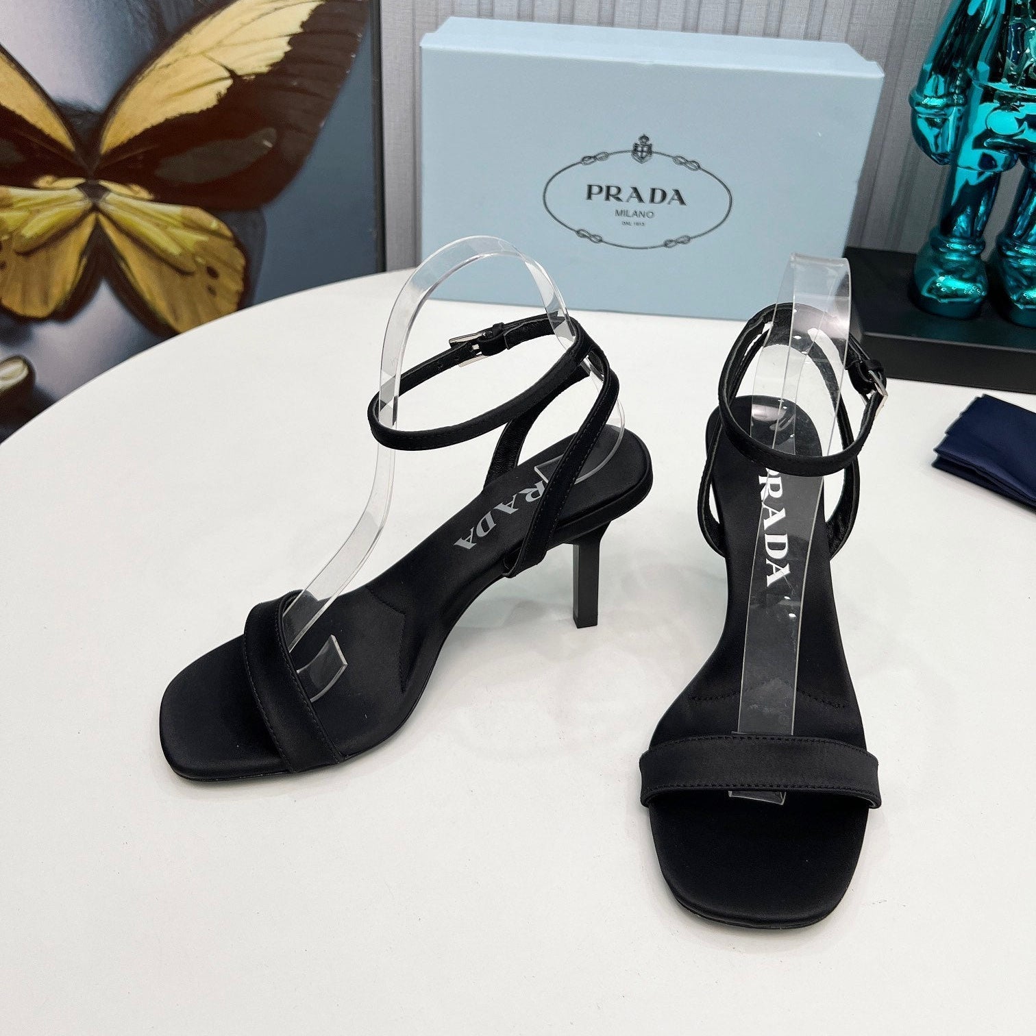 Prada 26s Ankle Strap Sandals Stiletto Heel 80mm In Black Satin