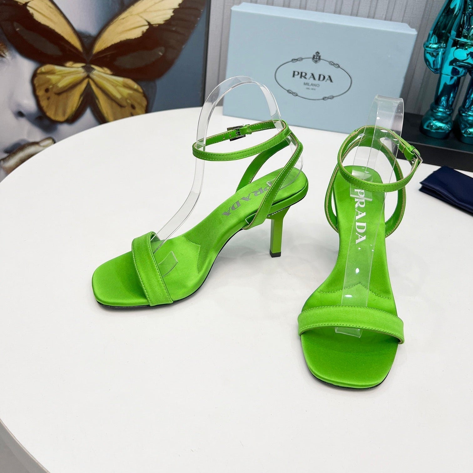 Prada 26s Ankle Strap Sandals Stiletto Heel 80mm In Lime Green Satin