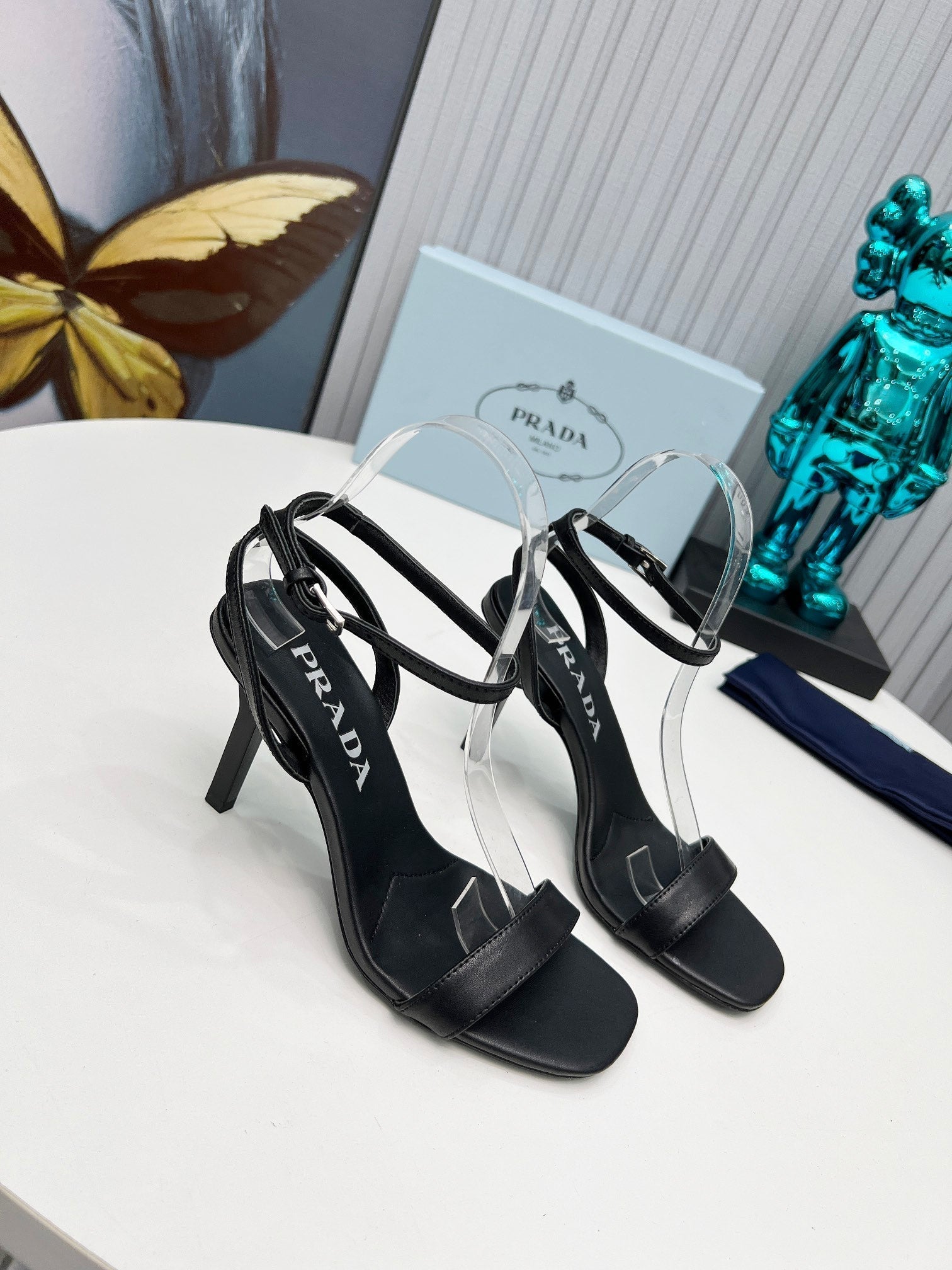 Prada 26s Ankle Strap Sandals Stiletto Heel 80mm In Black Satin