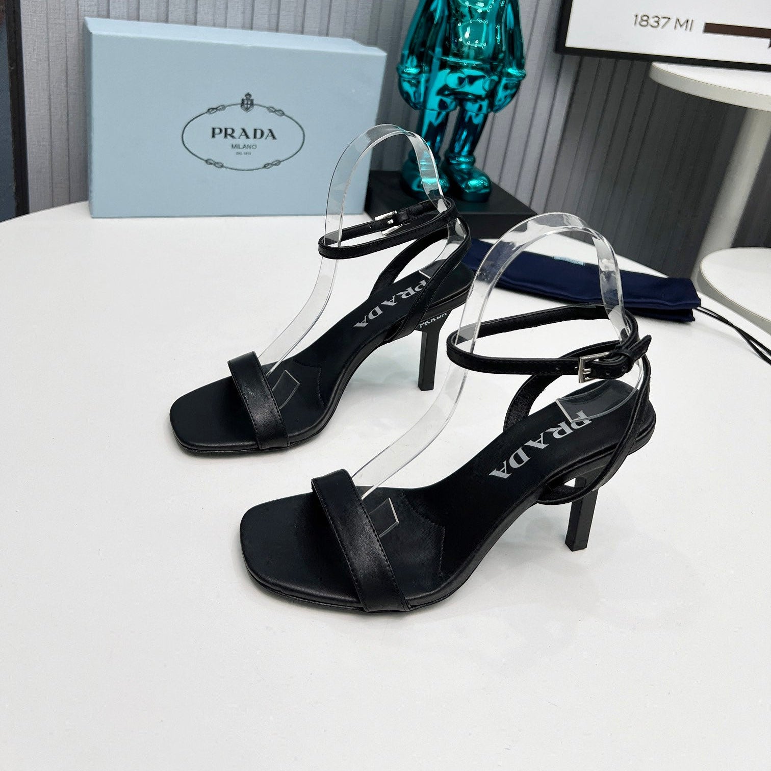 Prada 26s Ankle Strap Sandals Stiletto Heel 80mm In Black Satin