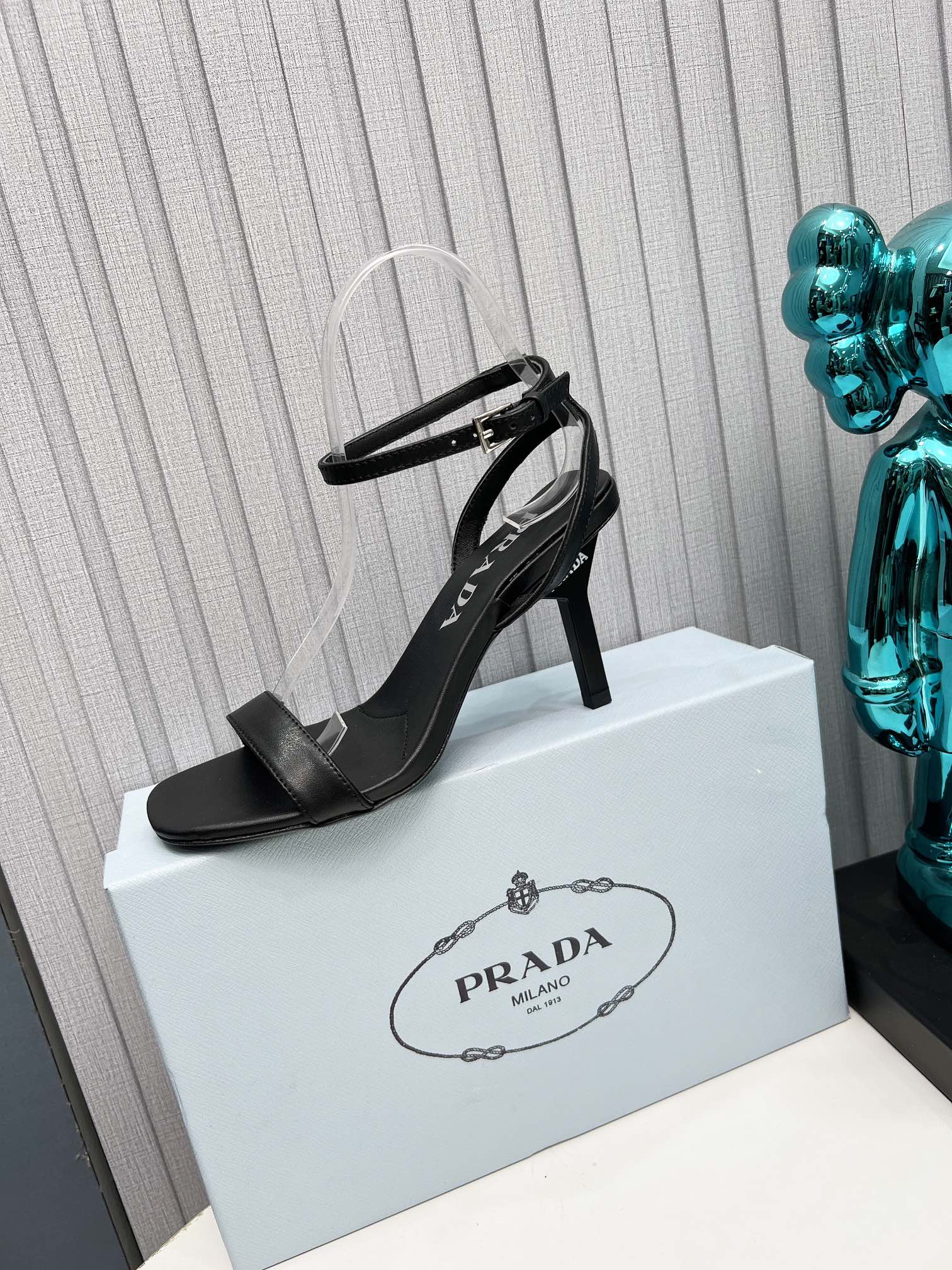 Prada 26s Ankle Strap Sandals Stiletto Heel 80mm In Black Satin