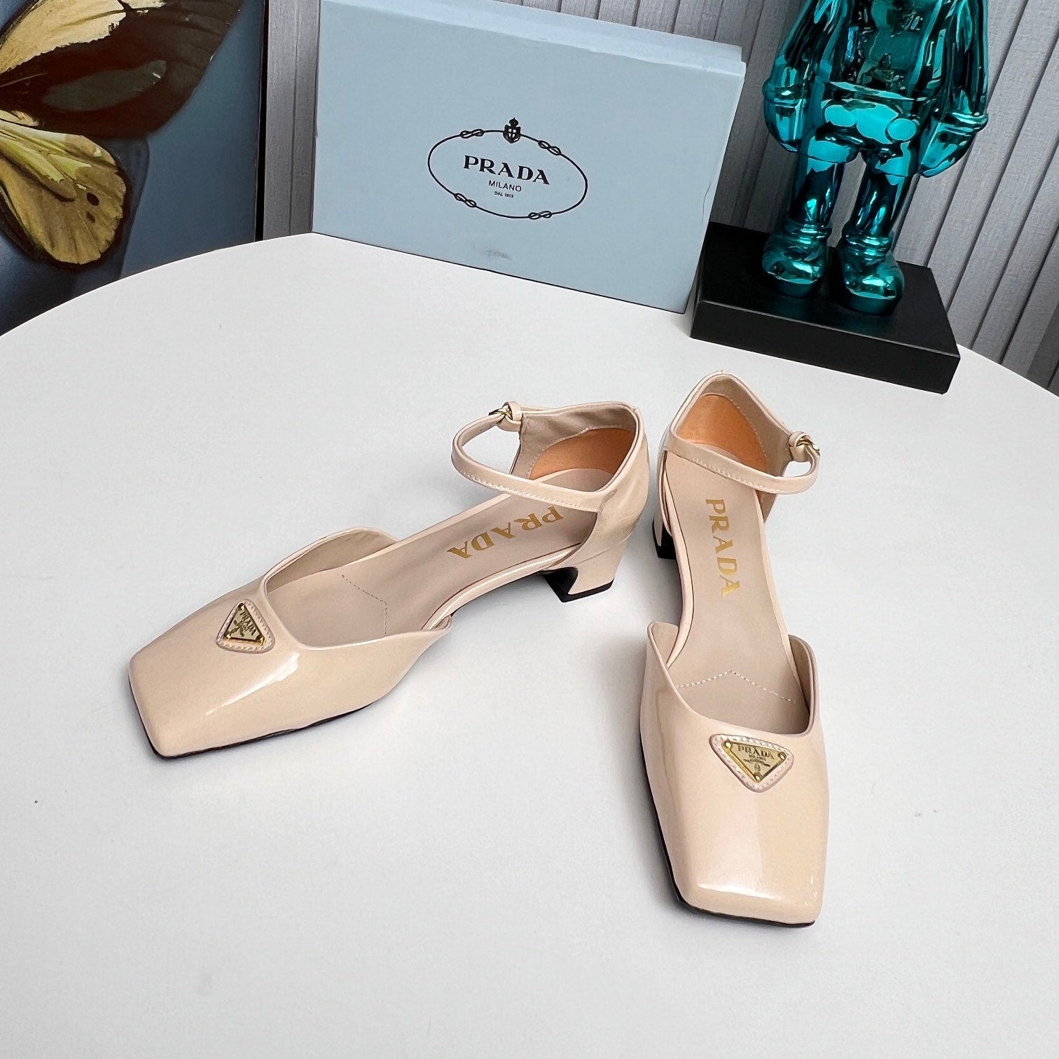 Prada 26s Ankle Strap Pumps 40mm In Nude Beige Patent Calfskin Triangle Logo